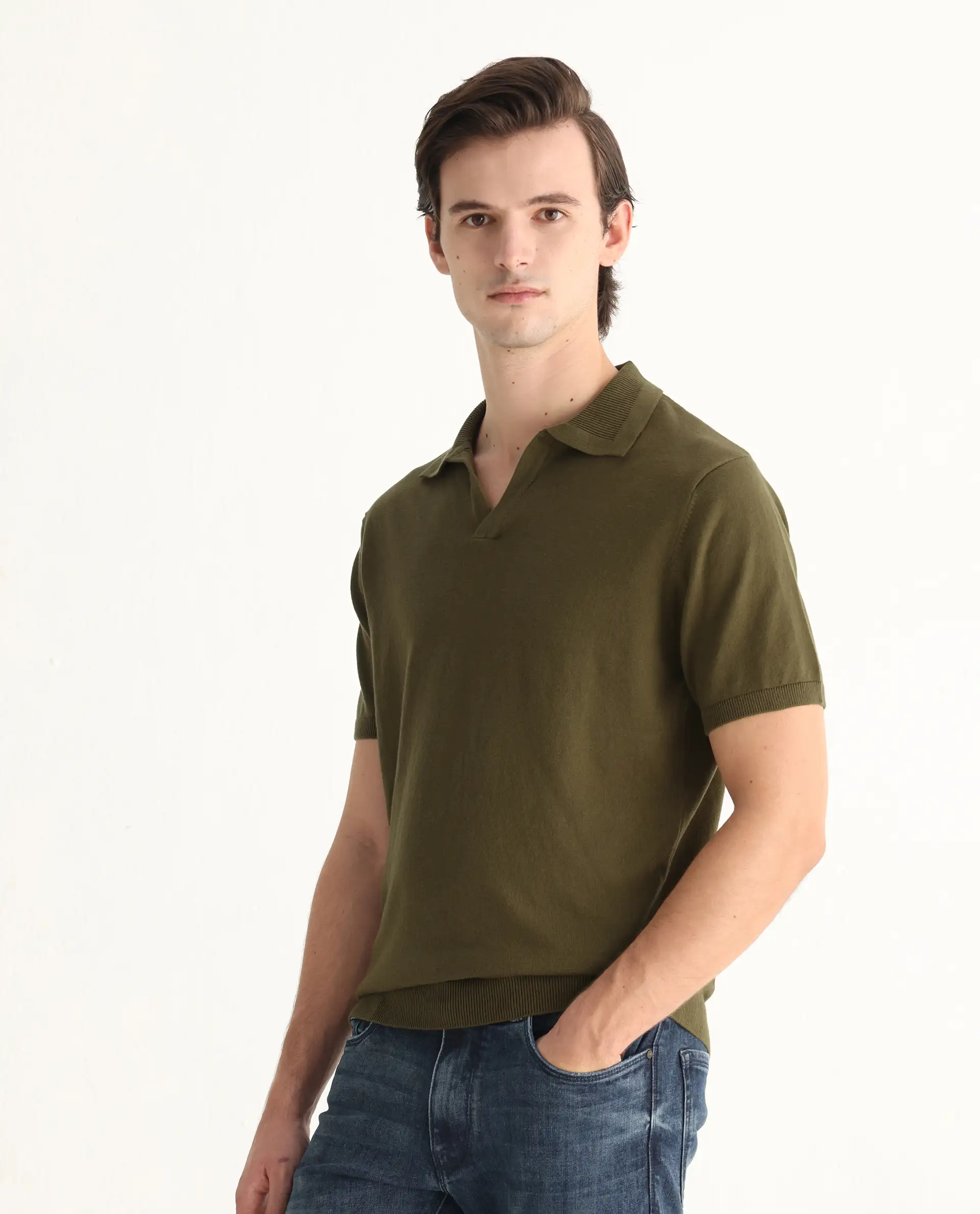 Rare Rabbit Men's Teny Olive Cotton Blend Plain Regular Fit Half Sleeve Polo - Image 5