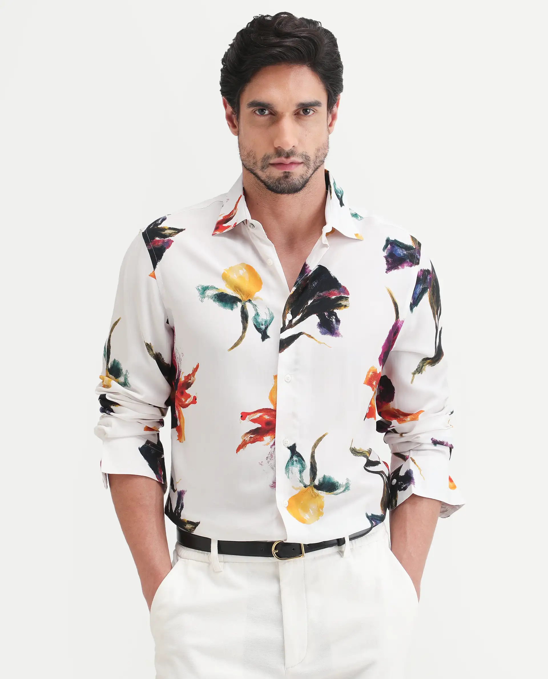 Rare Rabbit Men's Tera White Viscose Fabric Full Sleeve Spread Collar Regular Floral Print Shirt