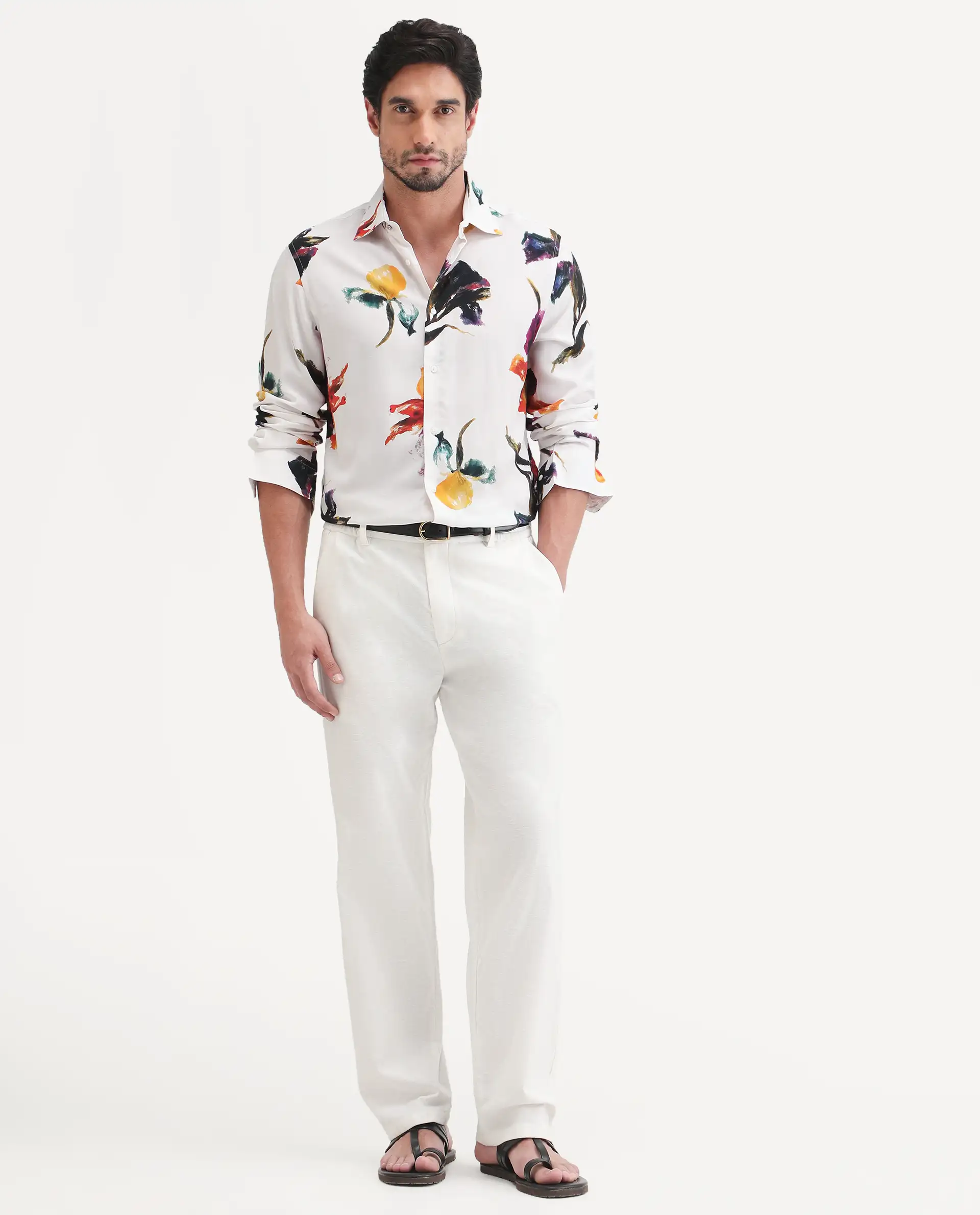 Rare Rabbit Men's Tera White Viscose Fabric Full Sleeve Spread Collar Regular Floral Print Shirt - Image 2