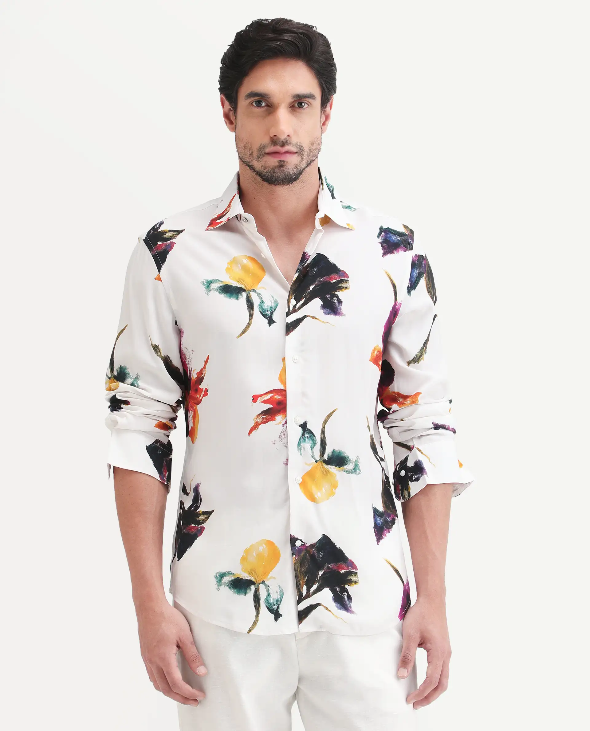 Rare Rabbit Men's Tera White Viscose Fabric Full Sleeve Spread Collar Regular Floral Print Shirt - Image 4