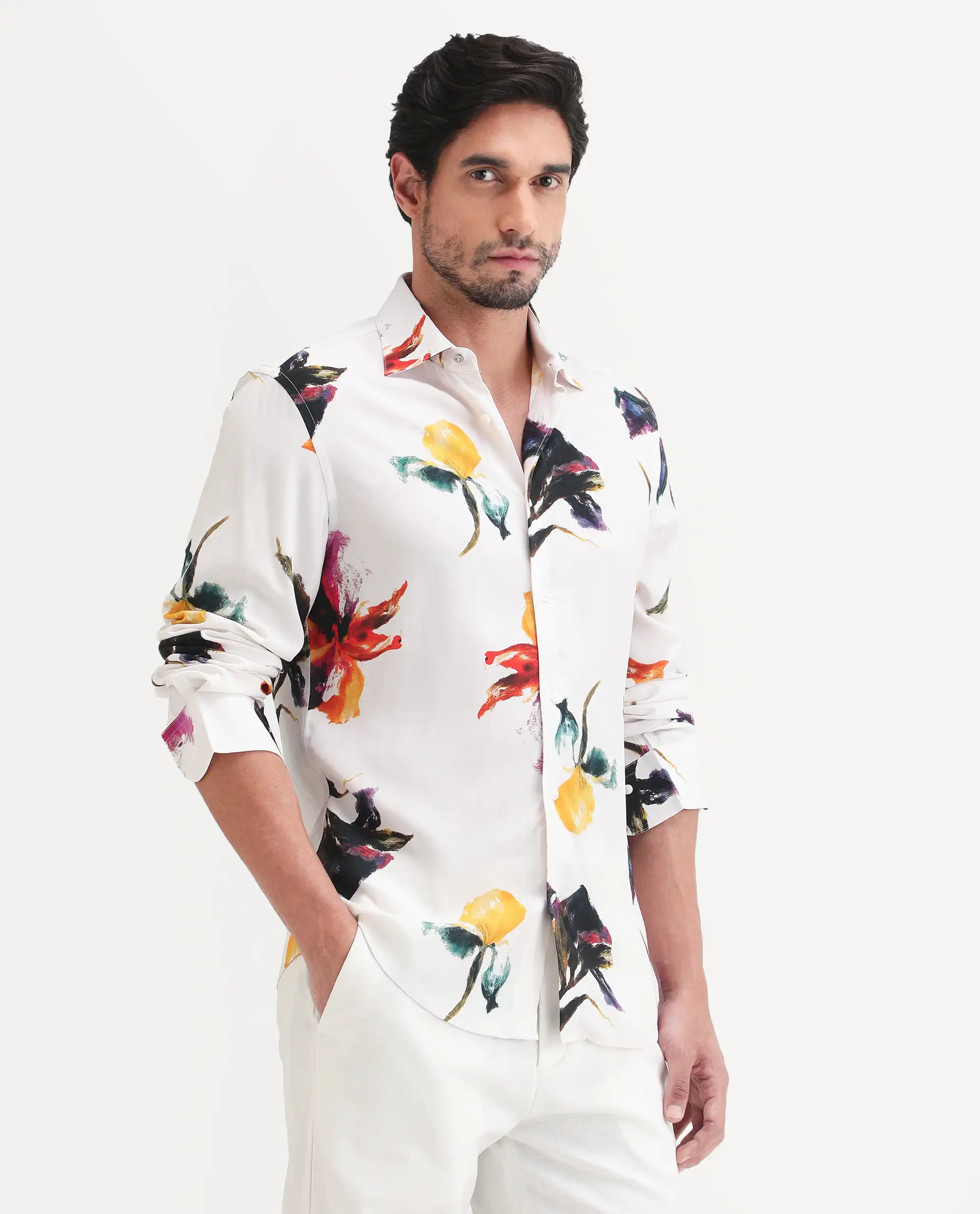 Rare Rabbit Men's Tera White Viscose Fabric Full Sleeve Spread Collar Regular Floral Print Shirt - Image 5