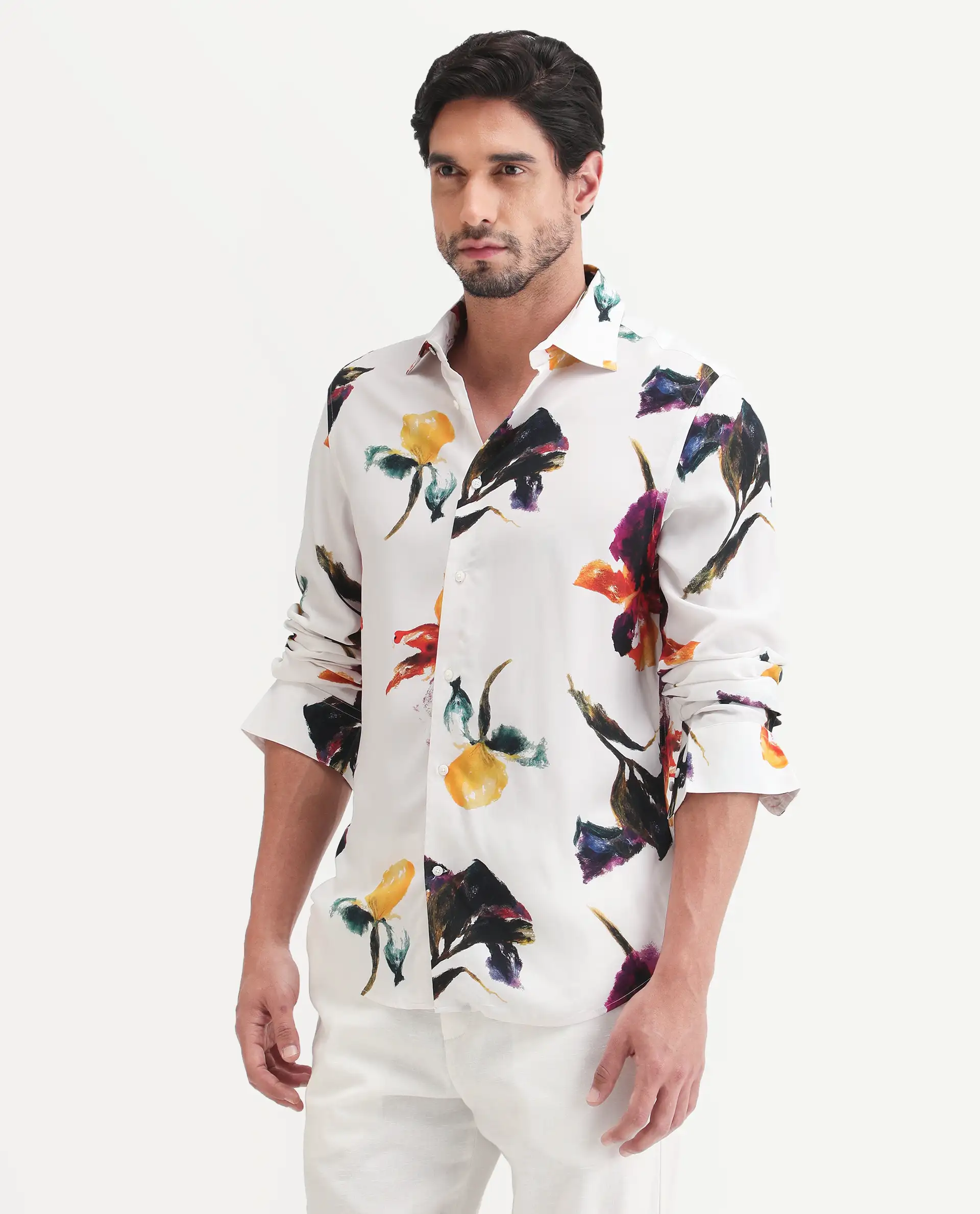 Rare Rabbit Men's Tera White Viscose Fabric Full Sleeve Spread Collar Regular Floral Print Shirt - Image 6