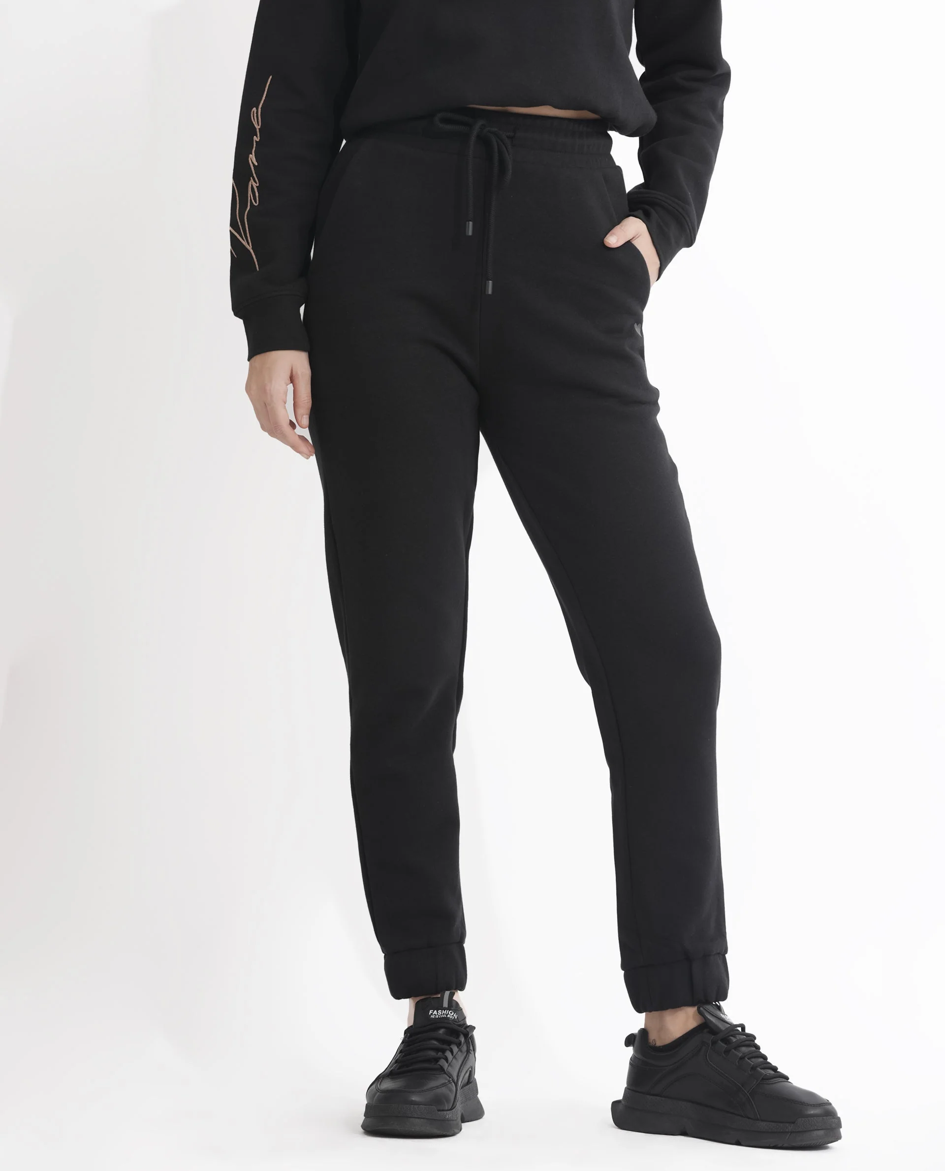 Rareism Women's Terac F Black Polyester Blend Plain Ankle Length Regular Fit Track Pant