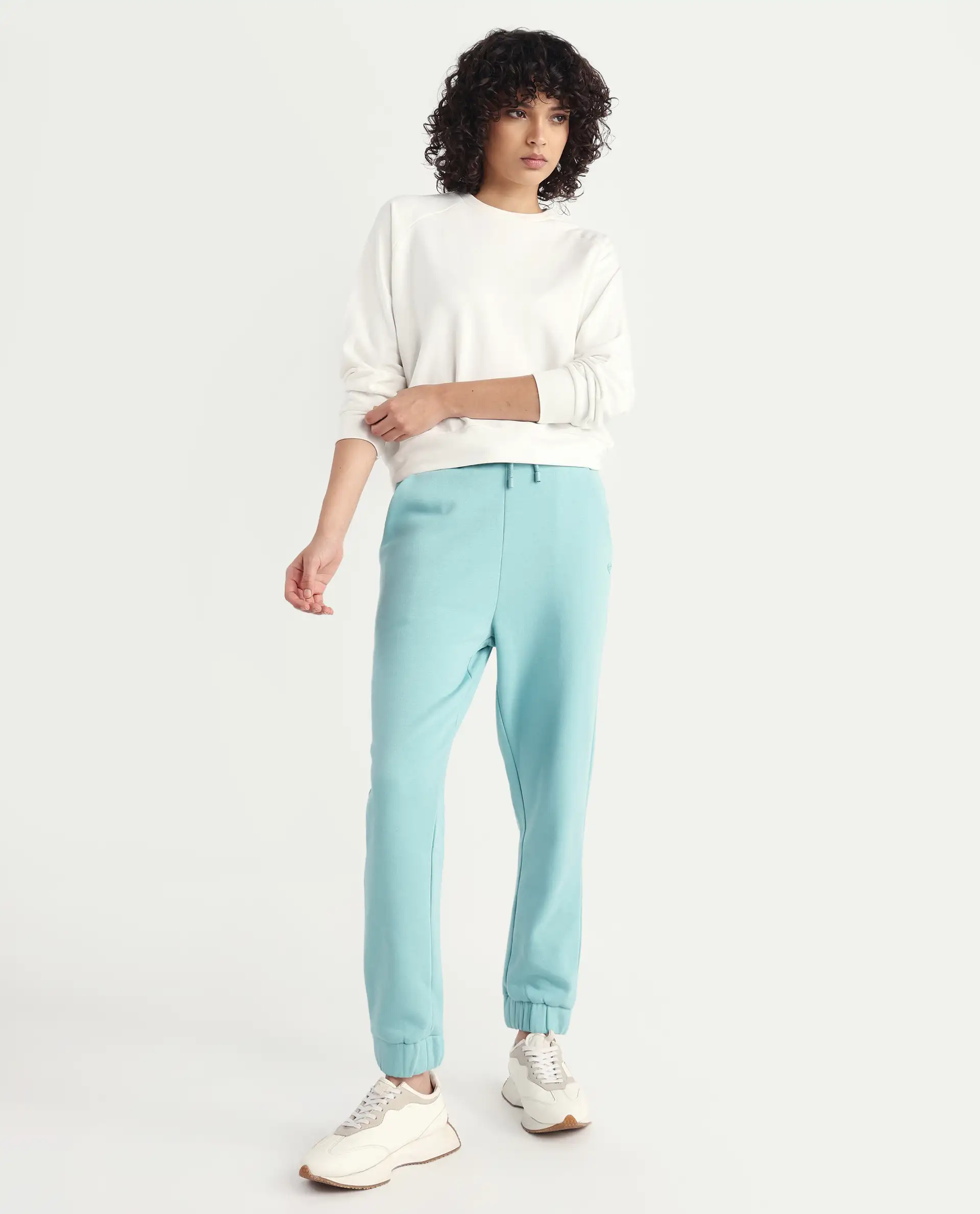 Rareism Women's Terac F Light Turq Polyester Blend Plain Ankle Length Regular Fit Track Pant