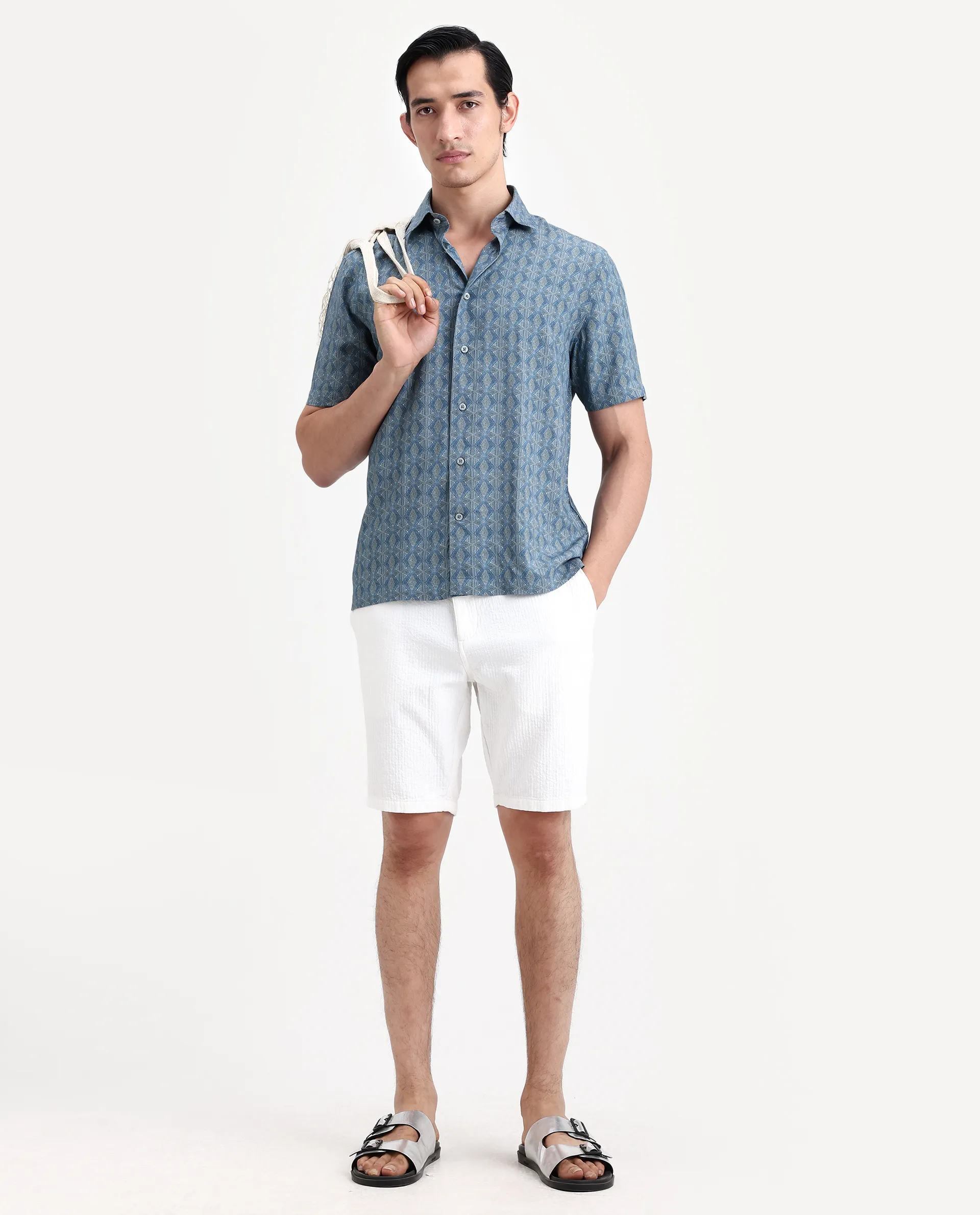 Rare Rabbit Men's Terk-Ss Blue Viscose Fabric Half Sleeve Spread Collar Regular Fit Geometric Print Shirt - Image 2