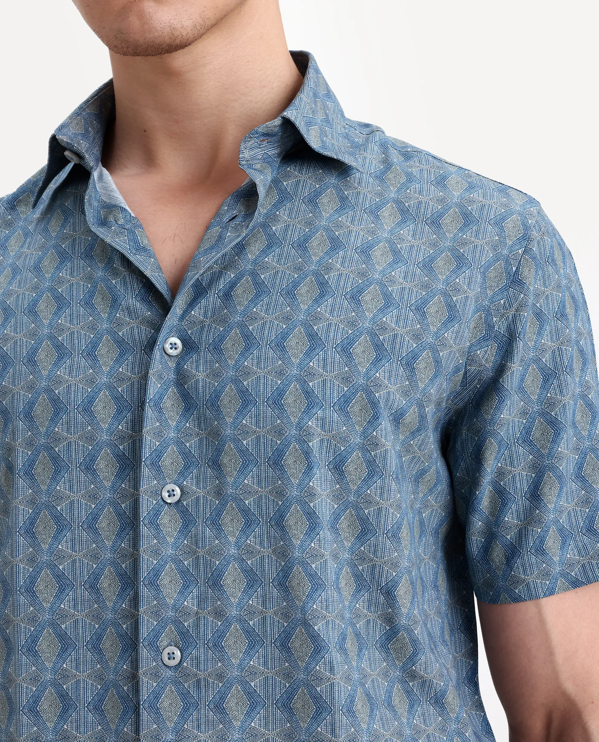 Rare Rabbit Men's Terk-Ss Blue Viscose Fabric Half Sleeve Spread Collar Regular Fit Geometric Print Shirt - Image 3