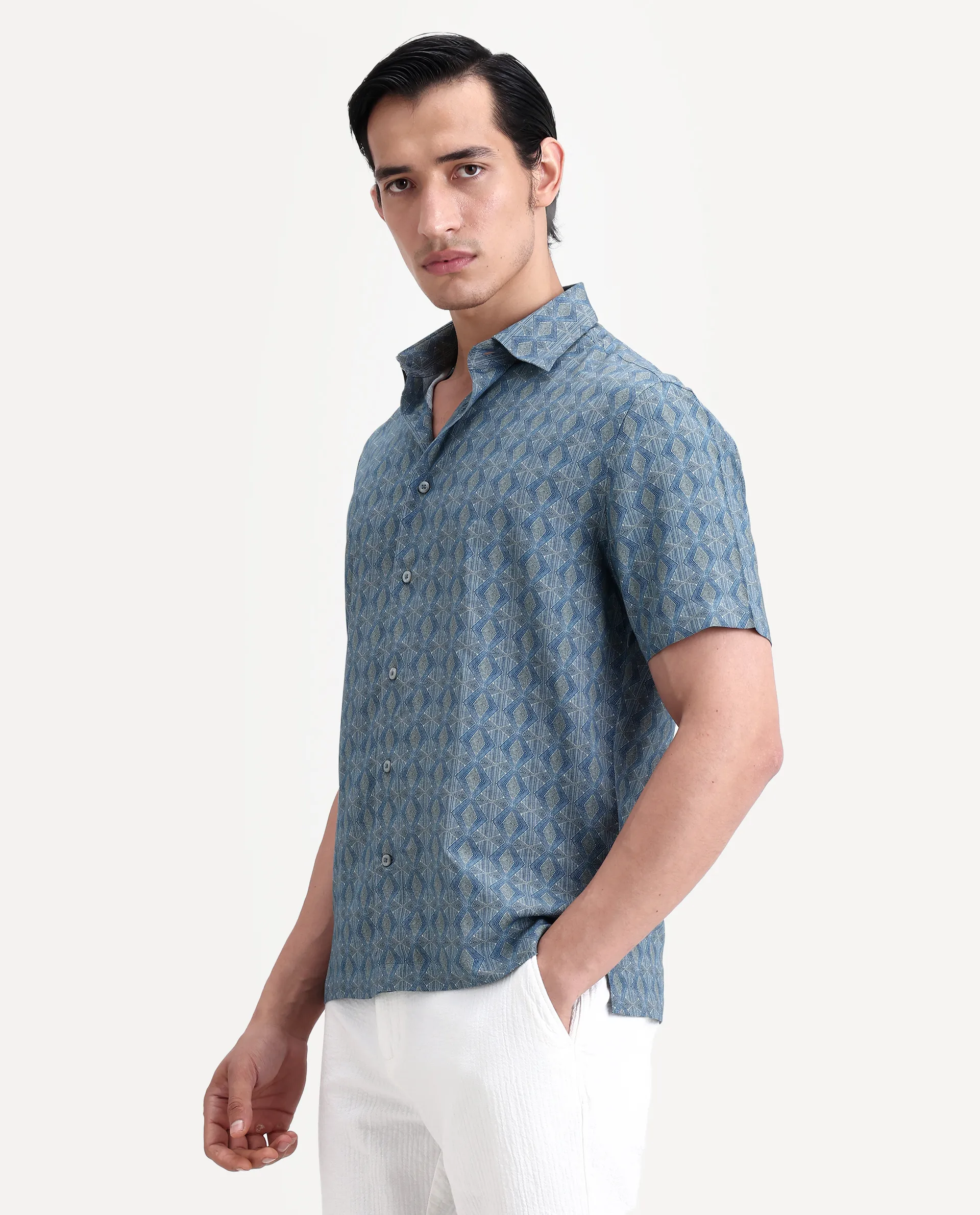 Rare Rabbit Men's Terk-Ss Blue Viscose Fabric Half Sleeve Spread Collar Regular Fit Geometric Print Shirt - Image 4