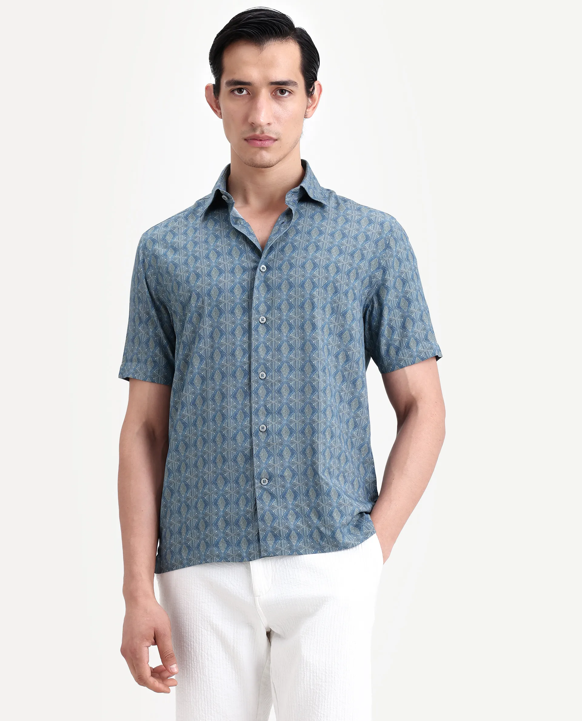 Rare Rabbit Men's Terk-Ss Blue Viscose Fabric Half Sleeve Spread Collar Regular Fit Geometric Print Shirt - Image 5