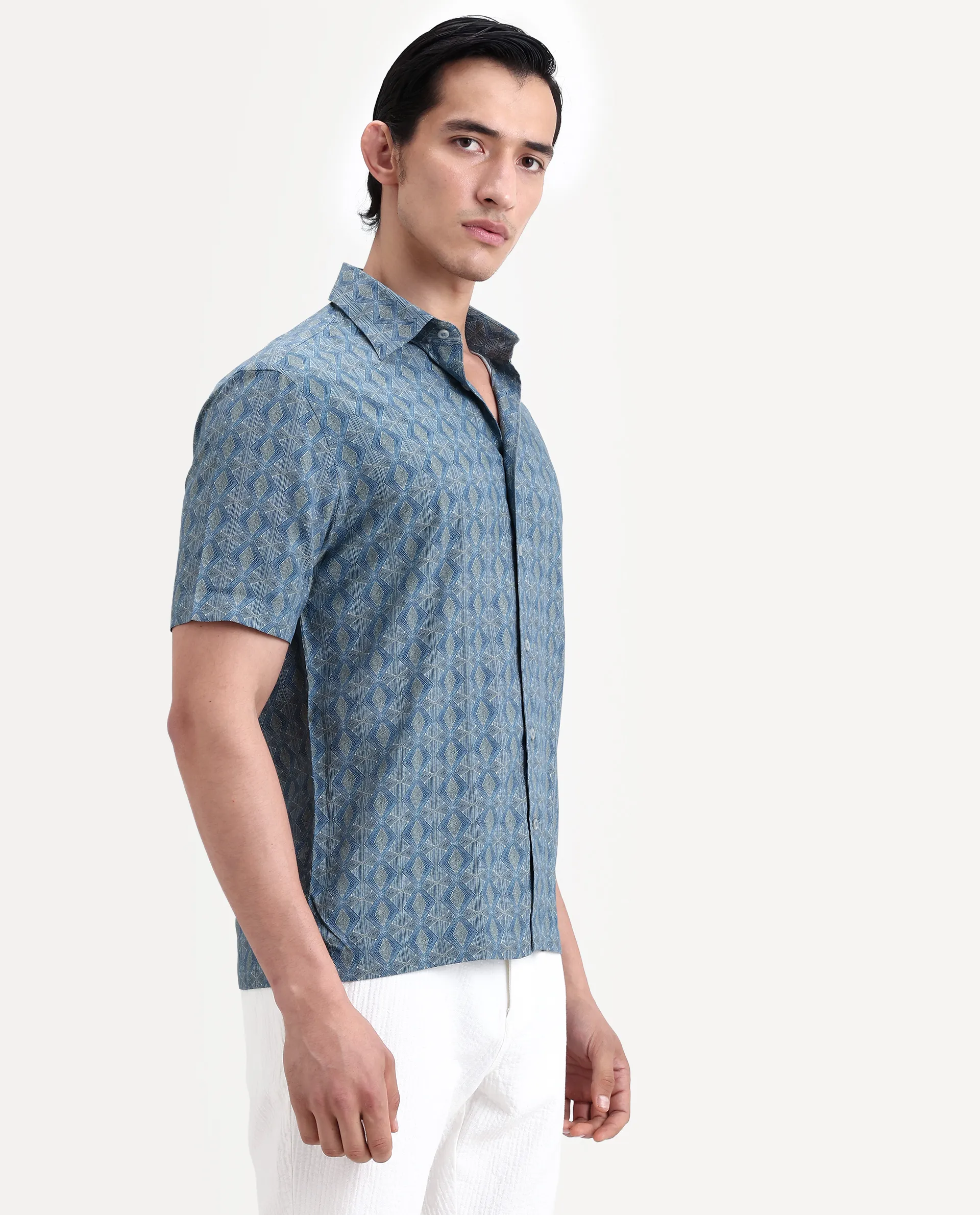 Rare Rabbit Men's Terk-Ss Blue Viscose Fabric Half Sleeve Spread Collar Regular Fit Geometric Print Shirt - Image 6