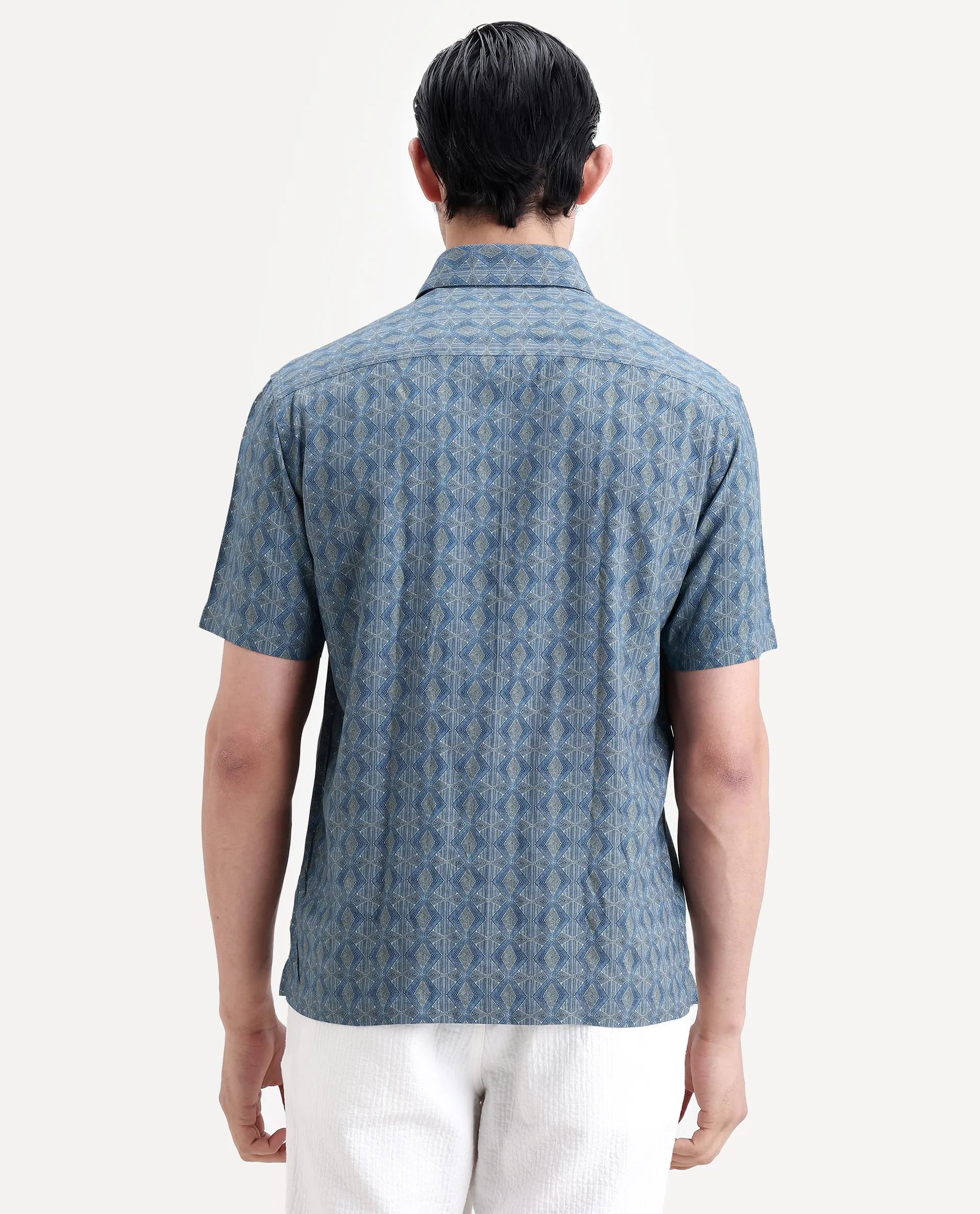 Rare Rabbit Men's Terk-Ss Blue Viscose Fabric Half Sleeve Spread Collar Regular Fit Geometric Print Shirt - Image 7