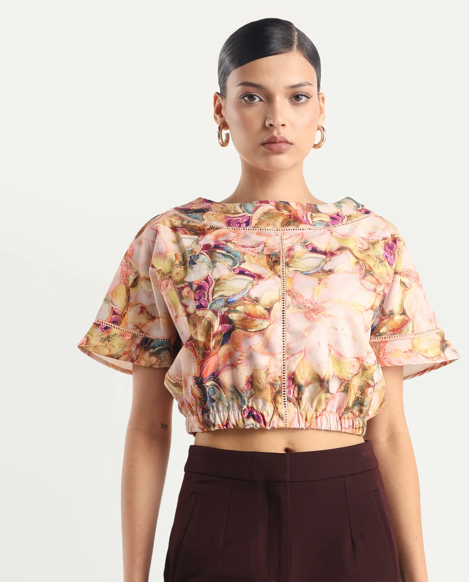 Rareism Women's Terni Multi Polyester Blend Boat Neck Floral Print Extended Sleeves Regular Fit Top - Image 4