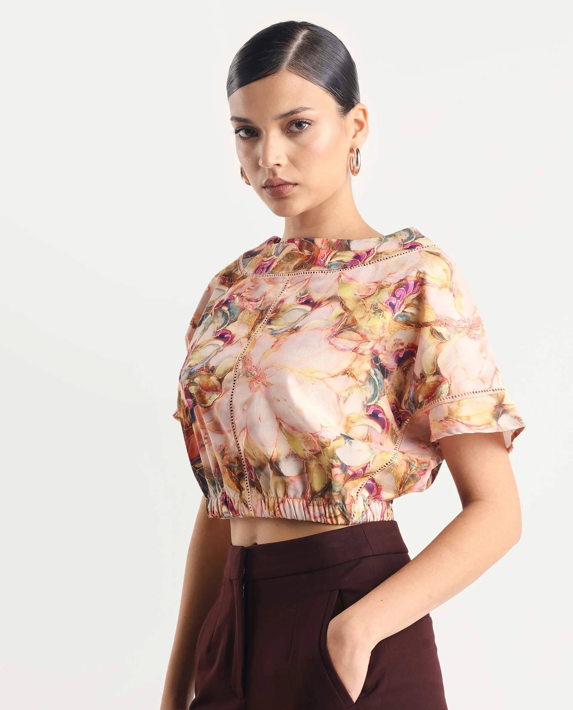 Rareism Women's Terni Multi Polyester Blend Boat Neck Floral Print Extended Sleeves Regular Fit Top - Image 5