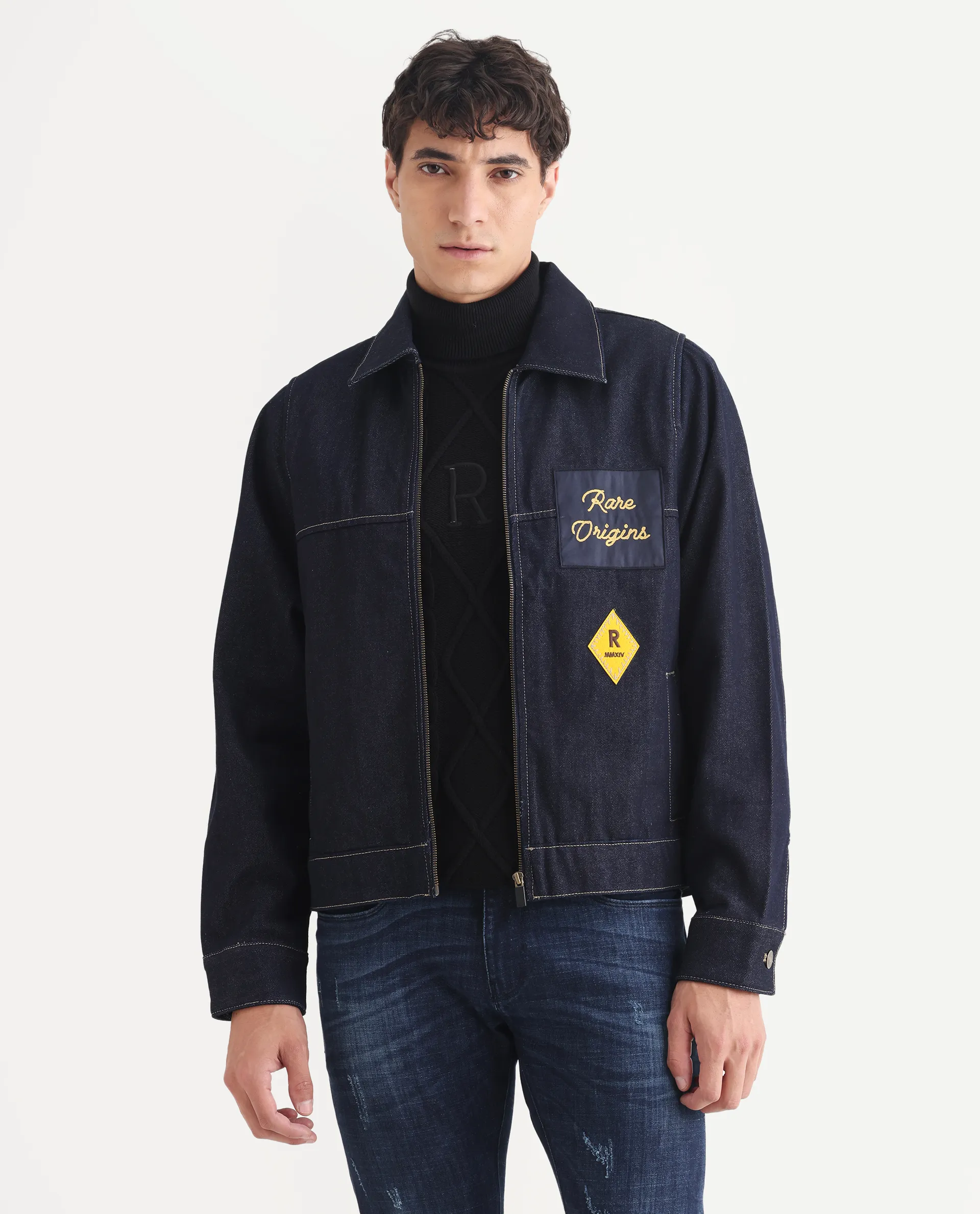 Rare Rabbit Men's Teron Blue Cotton Label Print Relaxed Fit Full Sleeve Spread Collar Jacket - Image 3