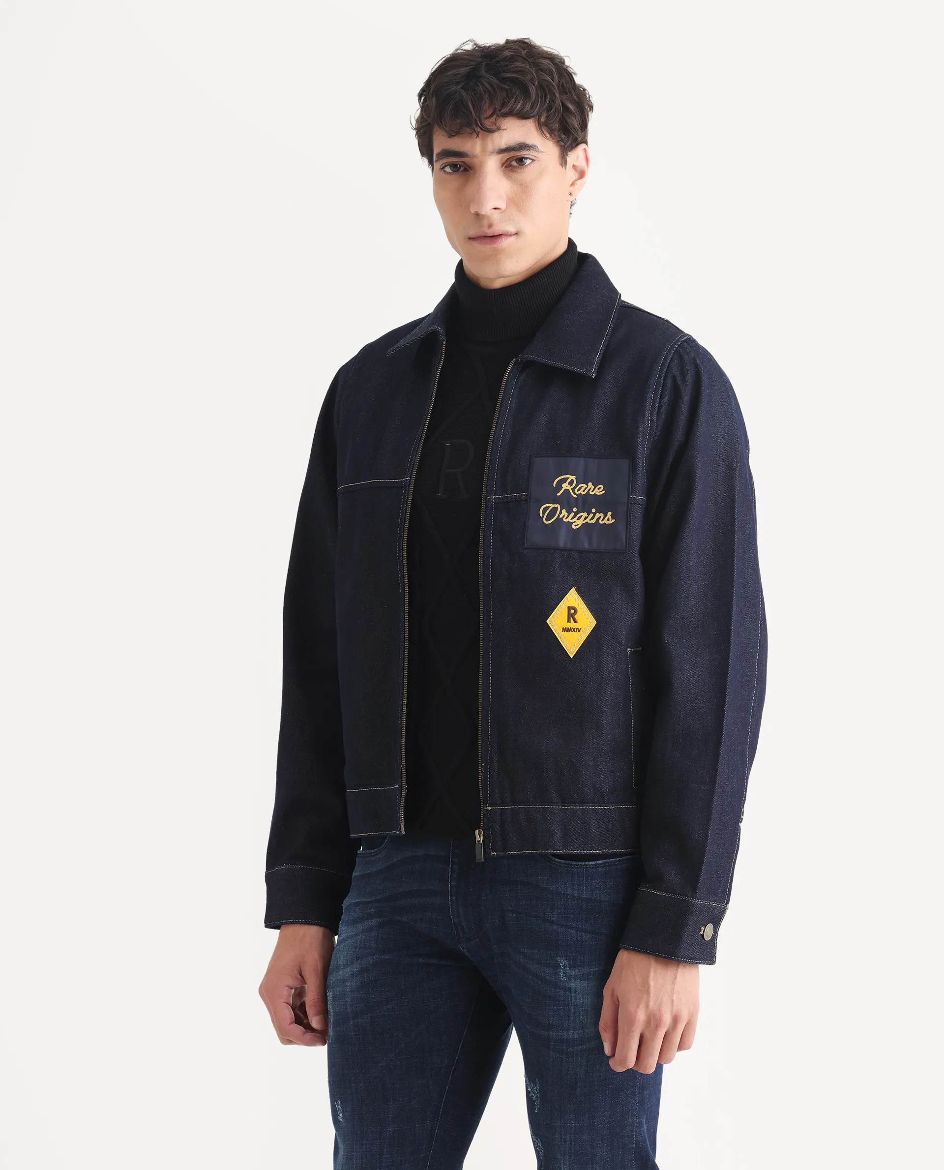 Rare Rabbit Men's Teron Blue Cotton Label Print Relaxed Fit Full Sleeve Spread Collar Jacket - Image 4