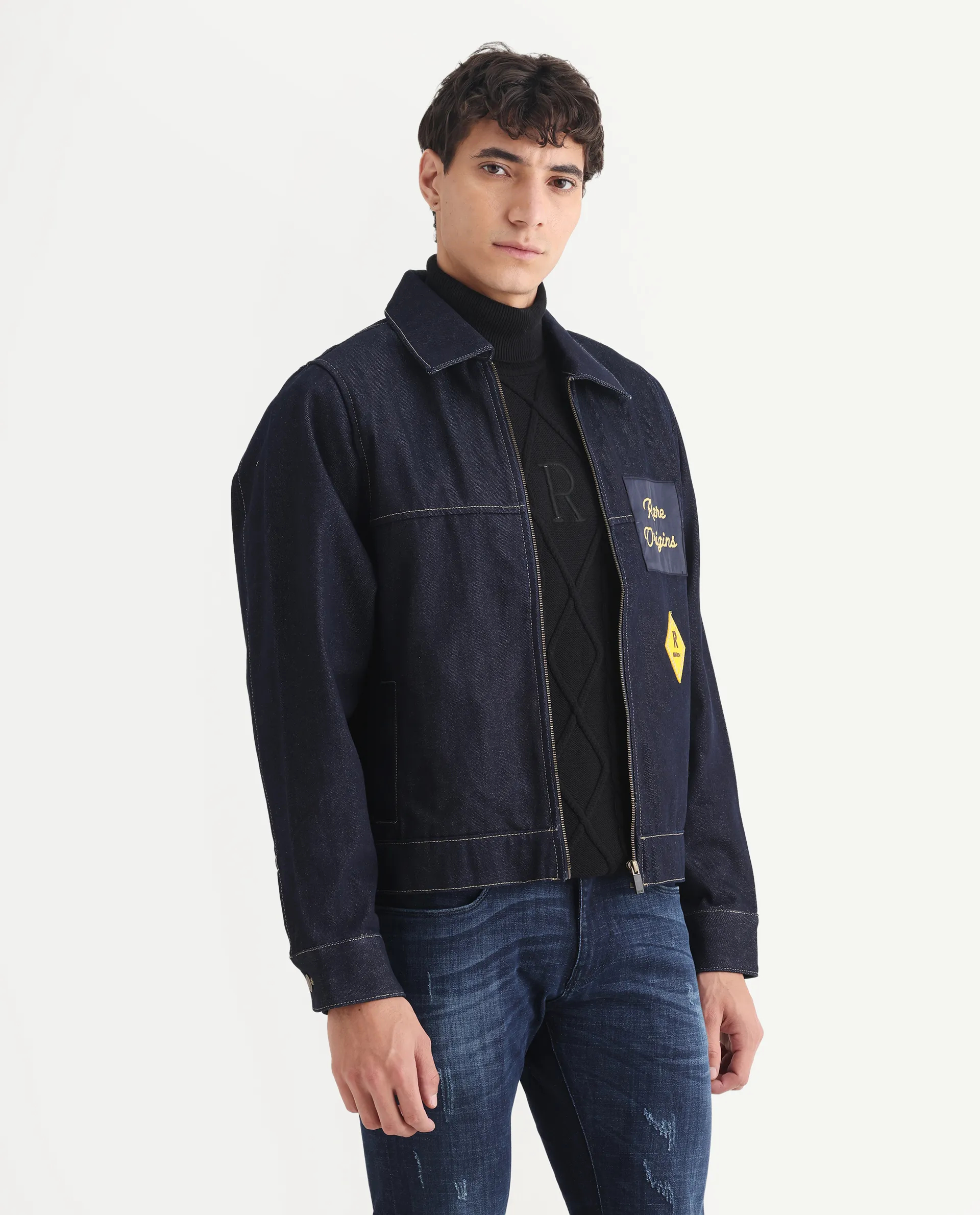 Rare Rabbit Men's Teron Blue Cotton Label Print Relaxed Fit Full Sleeve Spread Collar Jacket - Image 5