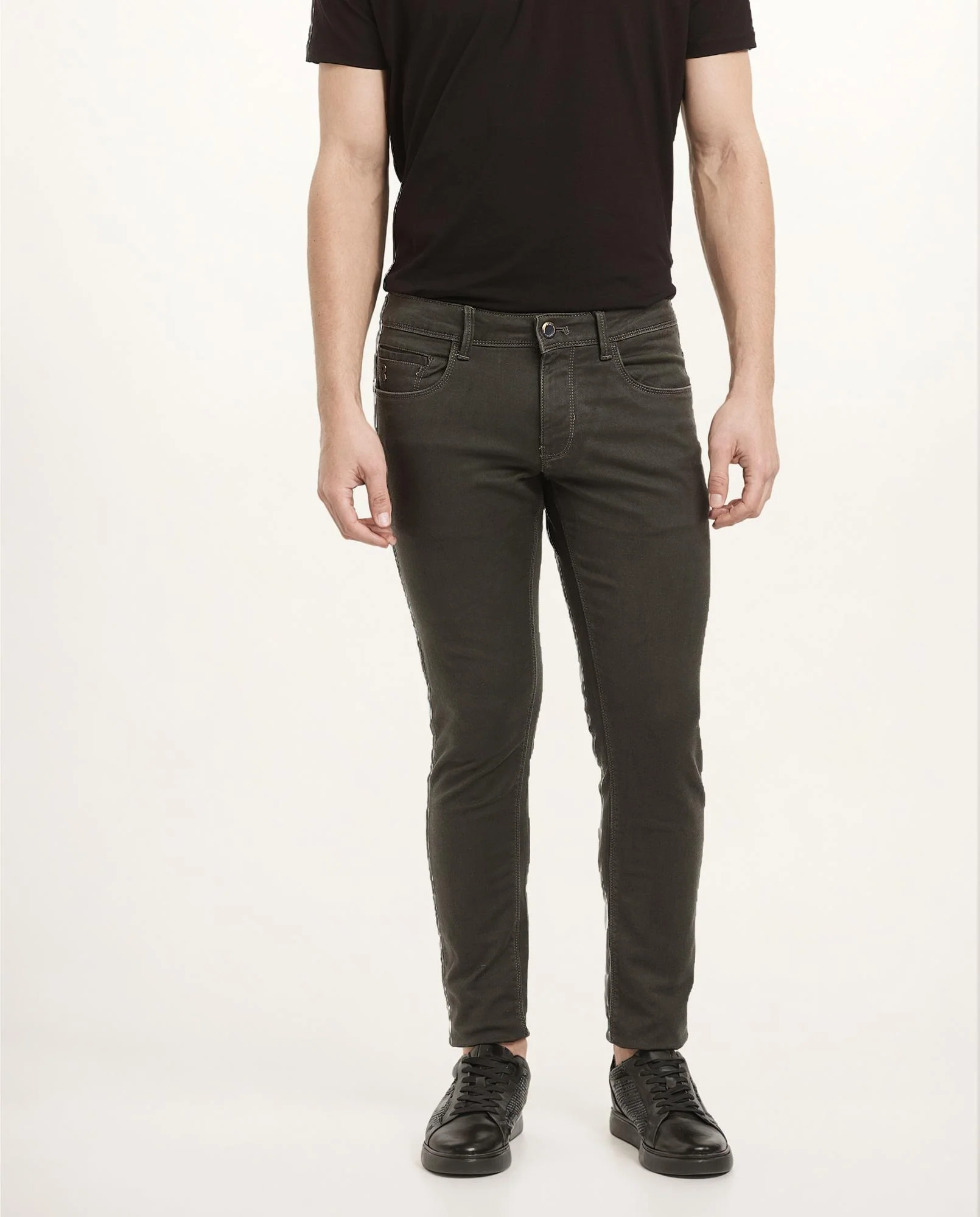Rare Rabbit Men's Terra Olive Cotton Plain Hawk Slim Fit Jeans