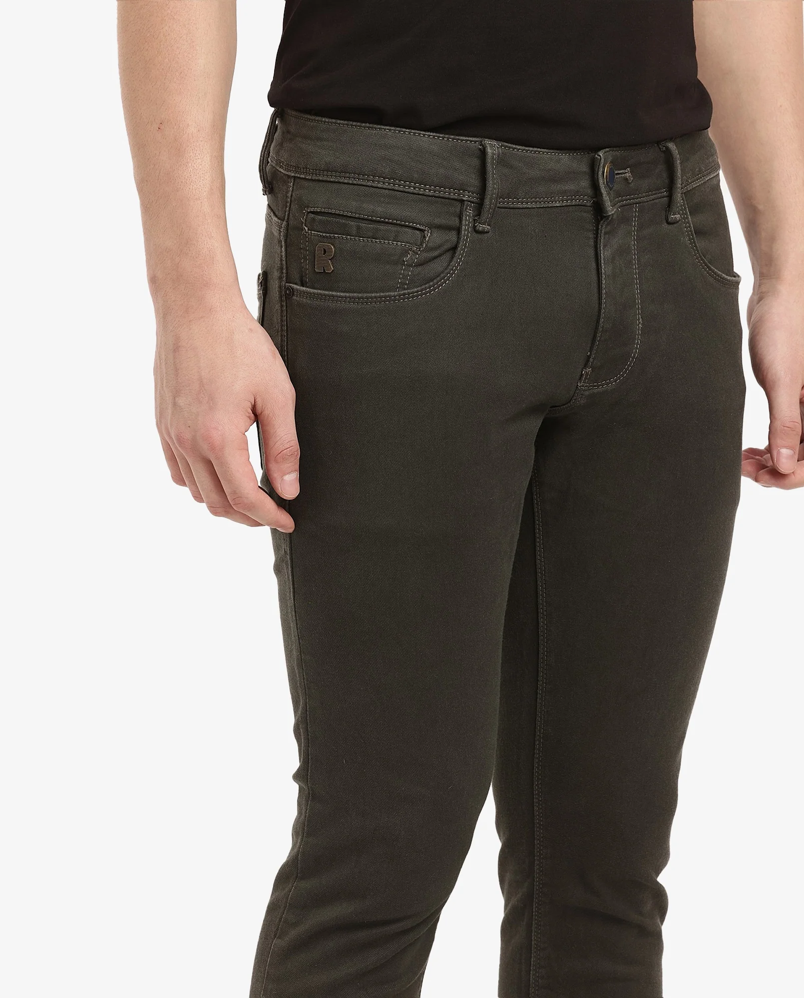 Rare Rabbit Men's Terra Olive Cotton Plain Hawk Slim Fit Jeans - Image 5