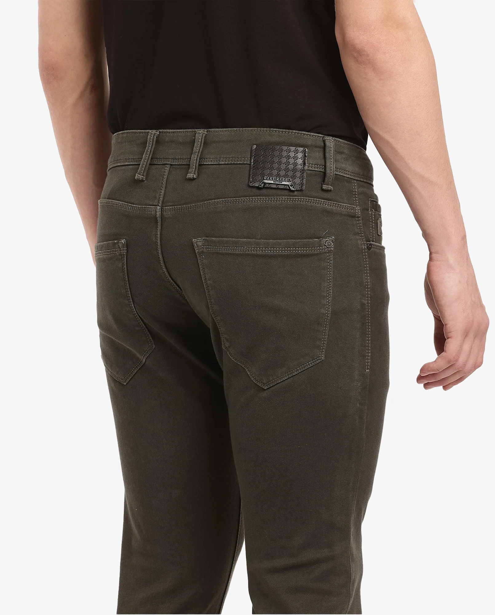 Rare Rabbit Men's Terra Olive Cotton Plain Hawk Slim Fit Jeans - Image 6