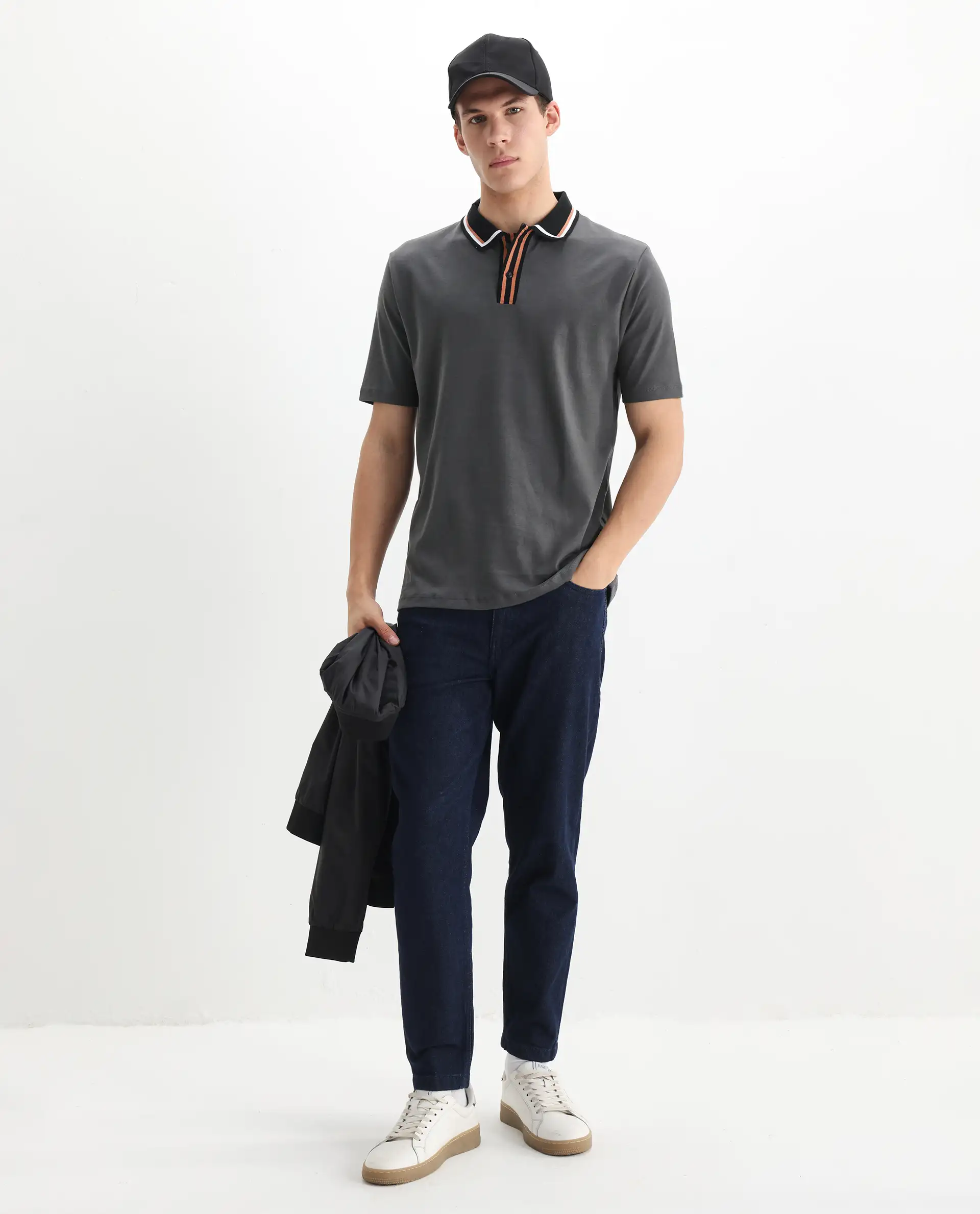 Rare Rabbit Men's Territ Dark Grey Cotton Plain Regular Fit Half Sleeve Polo - Image 2