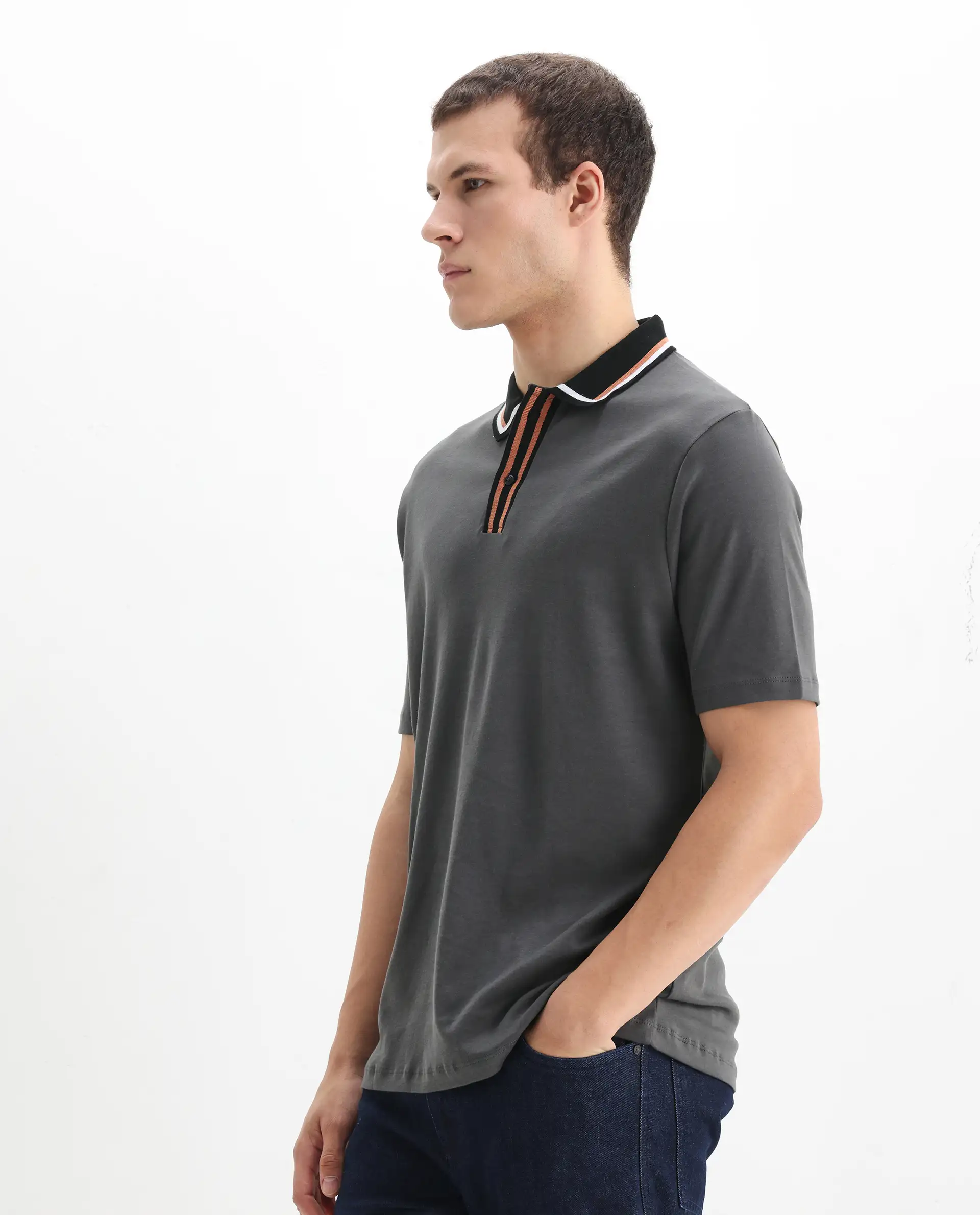 Rare Rabbit Men's Territ Dark Grey Cotton Plain Regular Fit Half Sleeve Polo - Image 4
