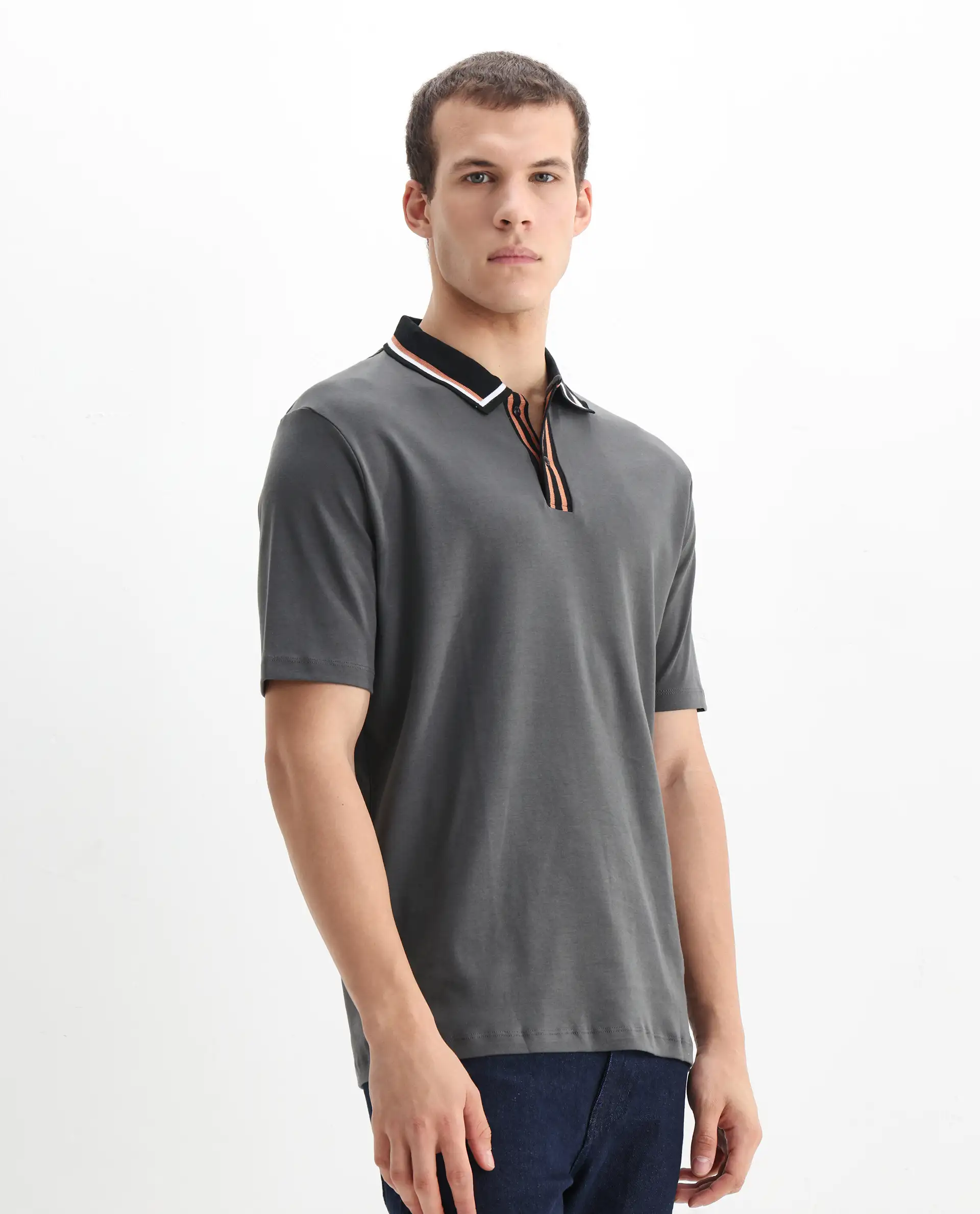 Rare Rabbit Men's Territ Dark Grey Cotton Plain Regular Fit Half Sleeve Polo - Image 5