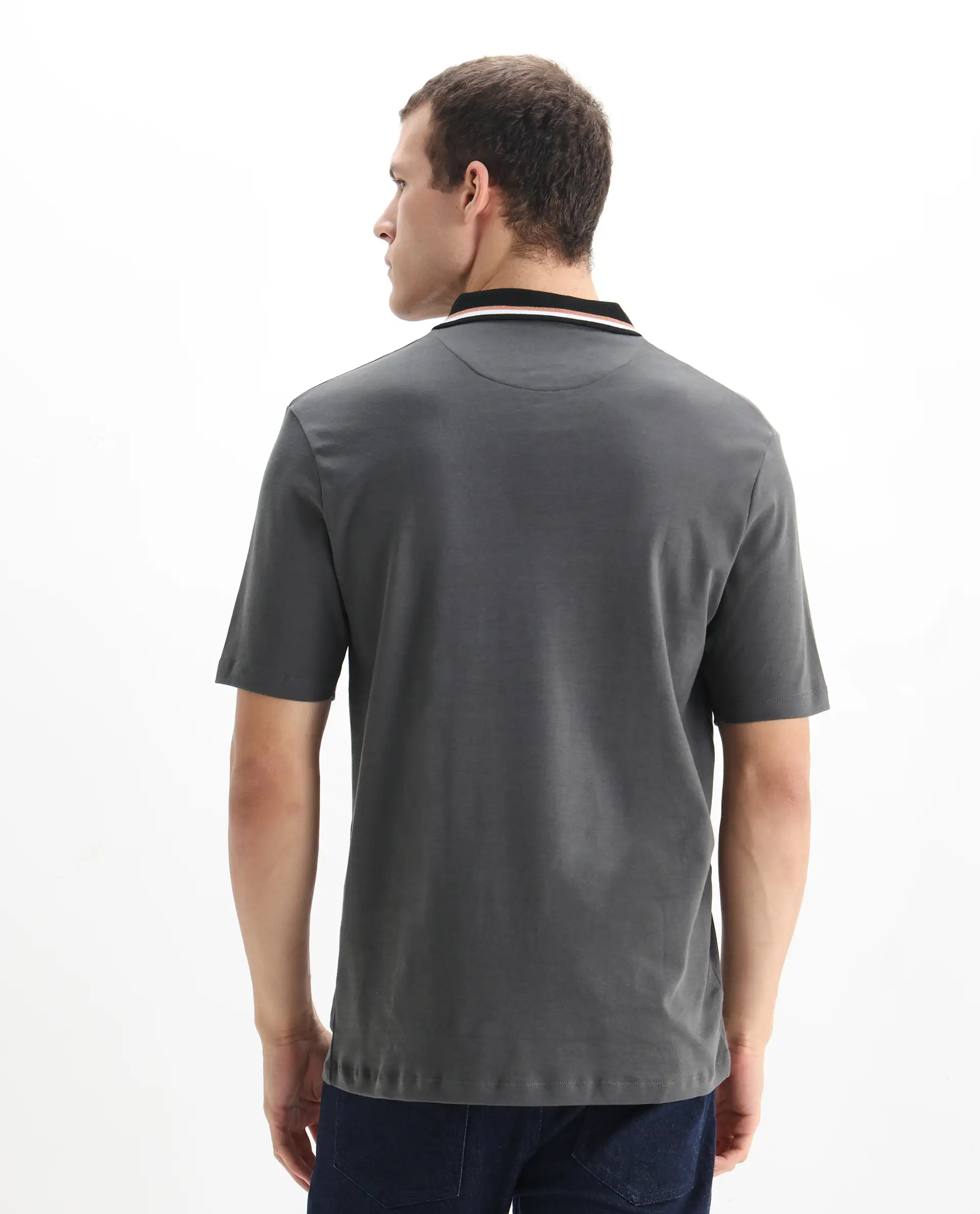Rare Rabbit Men's Territ Dark Grey Cotton Plain Regular Fit Half Sleeve Polo - Image 6