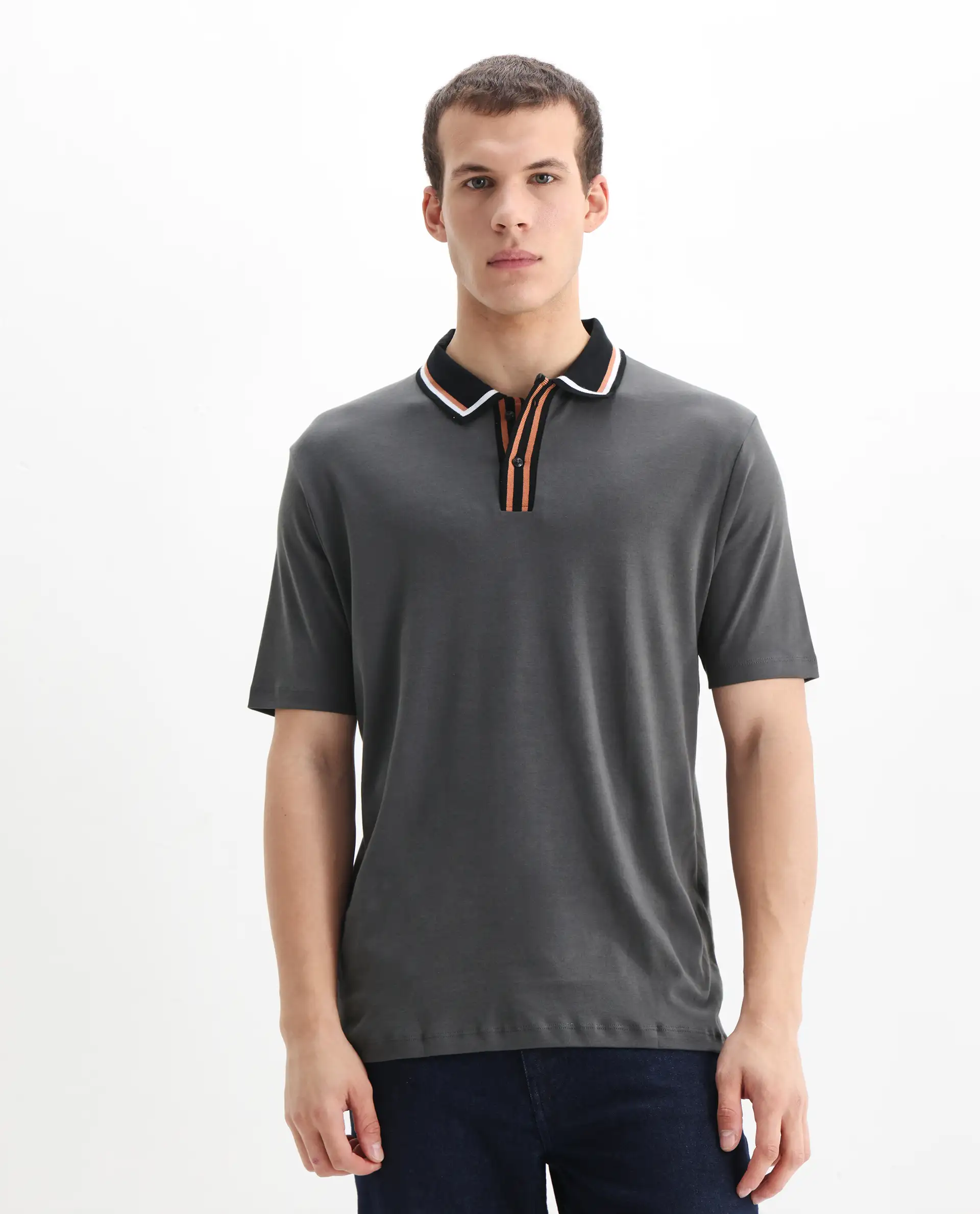 Rare Rabbit Men's Territ Dark Grey Cotton Plain Regular Fit Half Sleeve Polo - Image 7