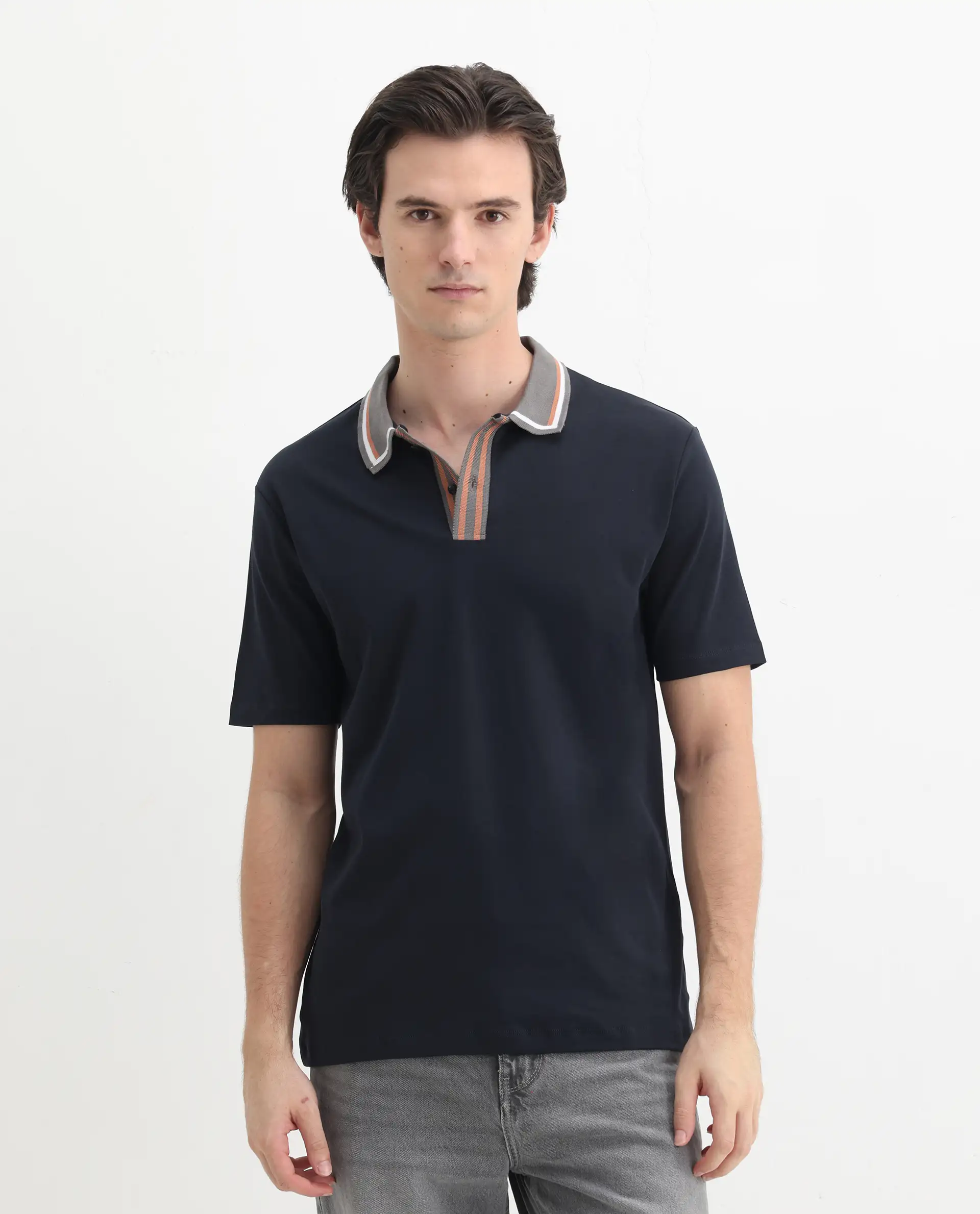 Rare Rabbit Men's Territ Dark Navy Cotton Plain Regular Fit Half Sleeve Polo - Image 4