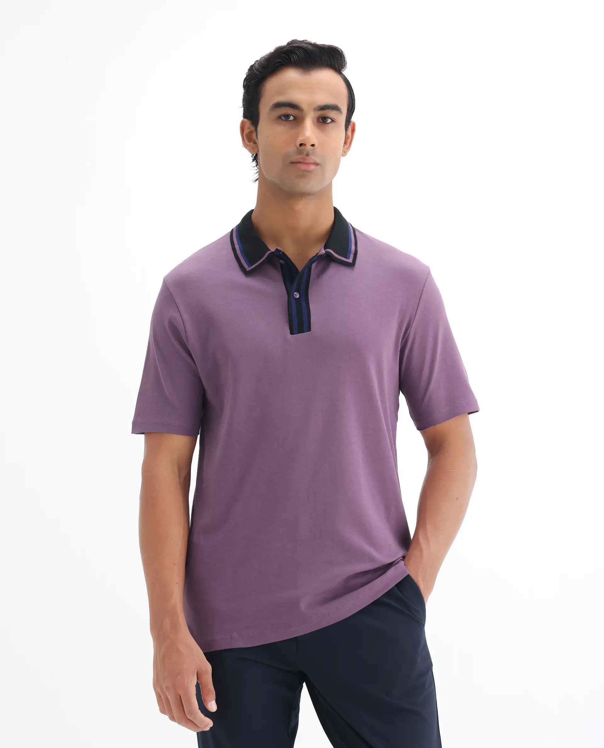 Rare Rabbit Men's Territ Dusky Purple Cotton Plain Regular Fit Half Sleeve Polo - Image 3