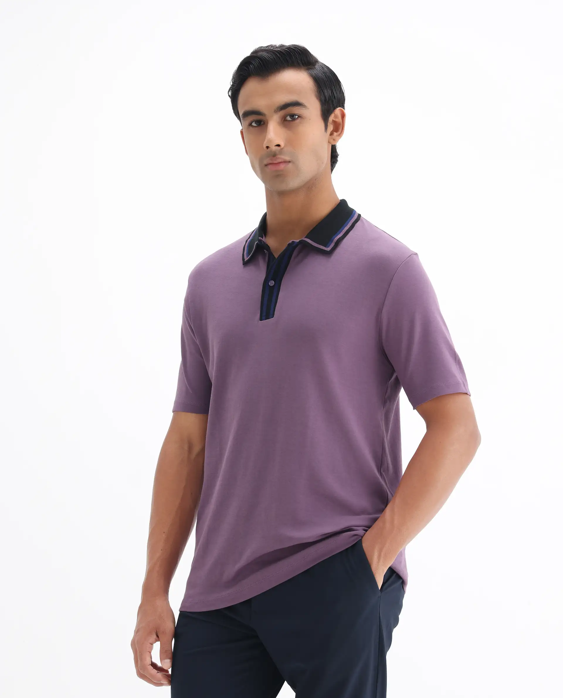 Rare Rabbit Men's Territ Dusky Purple Cotton Plain Regular Fit Half Sleeve Polo - Image 4