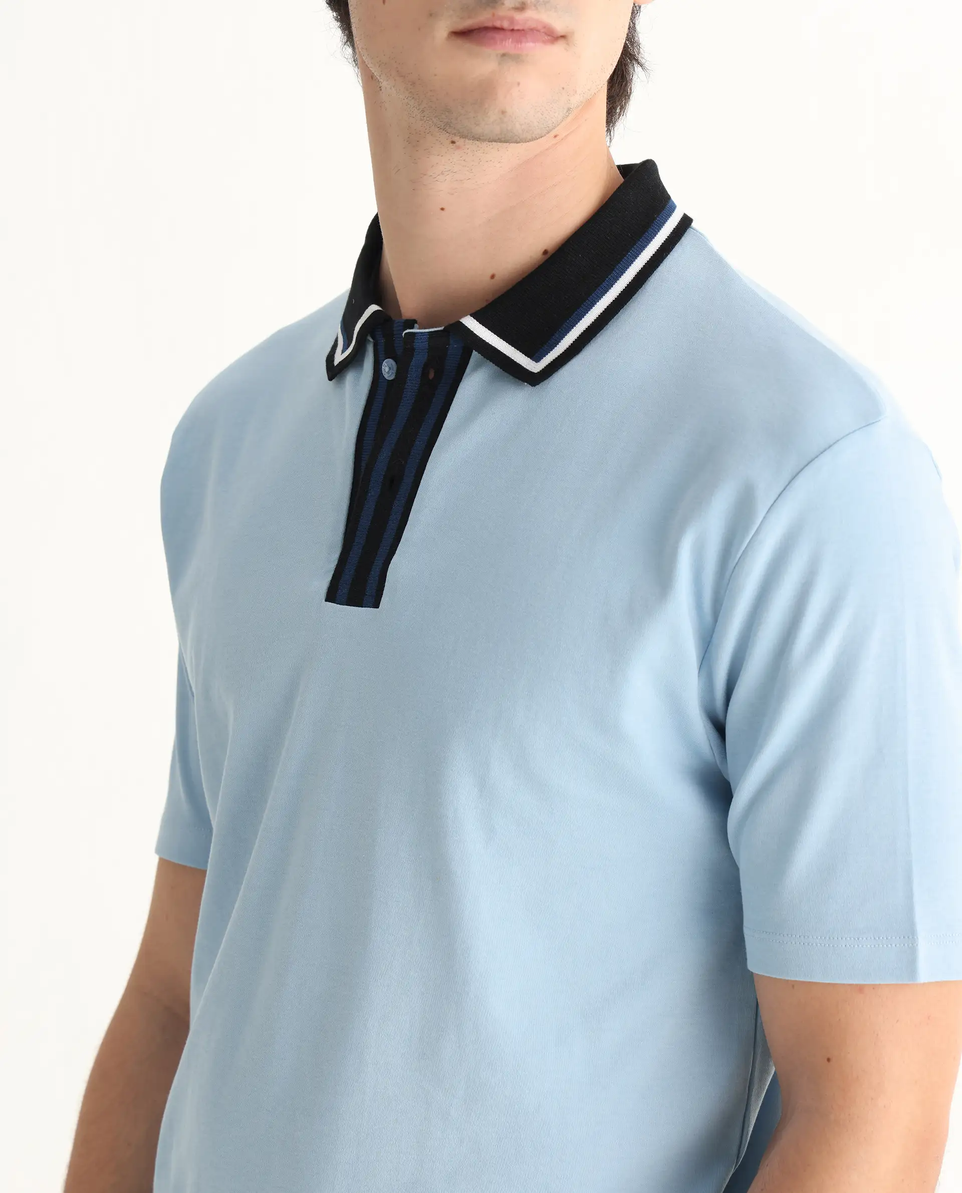 Rare Rabbit Men's Territ Light Blue Cotton Plain Regular Fit Half Sleeve Polo - Image 3