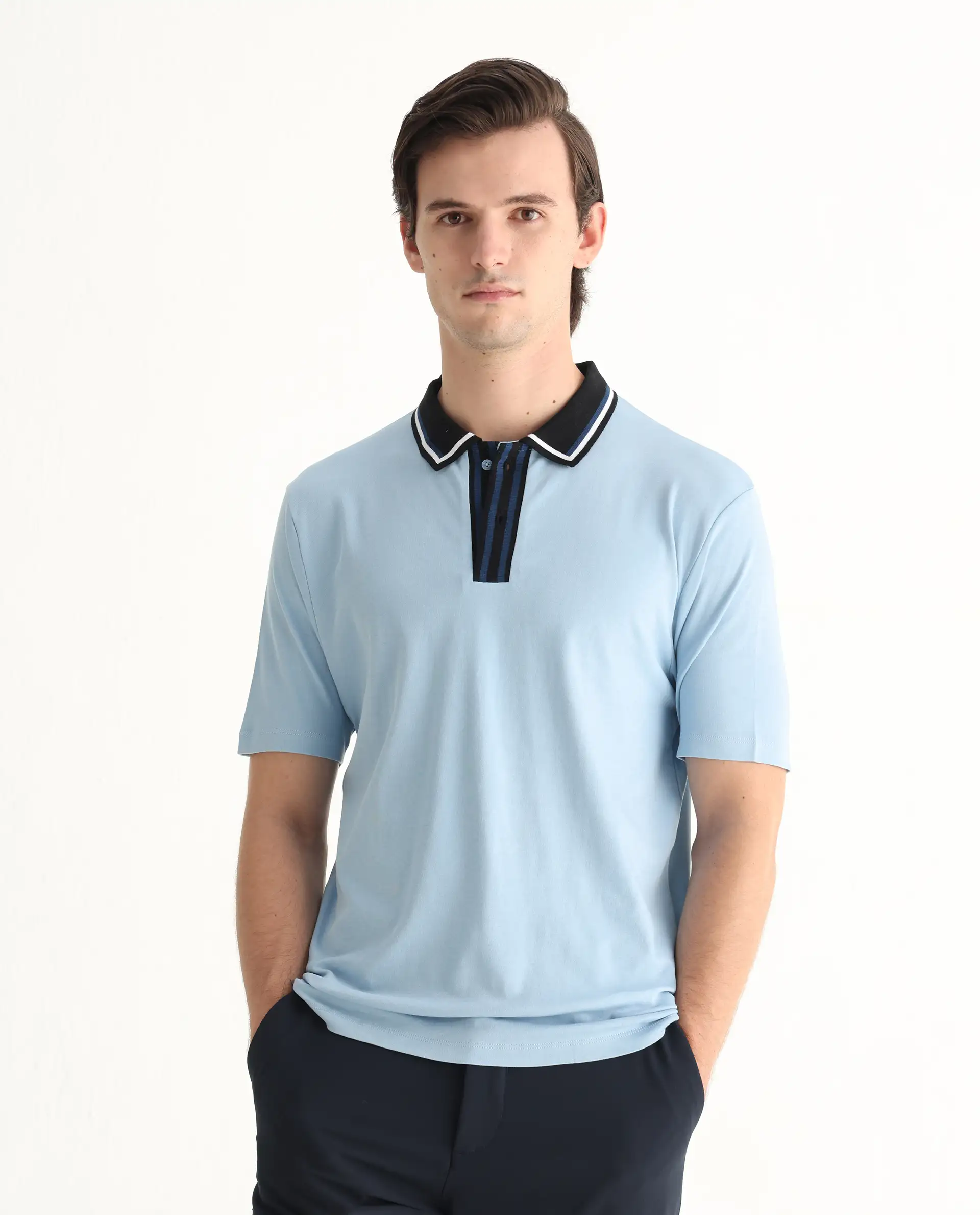 Rare Rabbit Men's Territ Light Blue Cotton Plain Regular Fit Half Sleeve Polo - Image 4