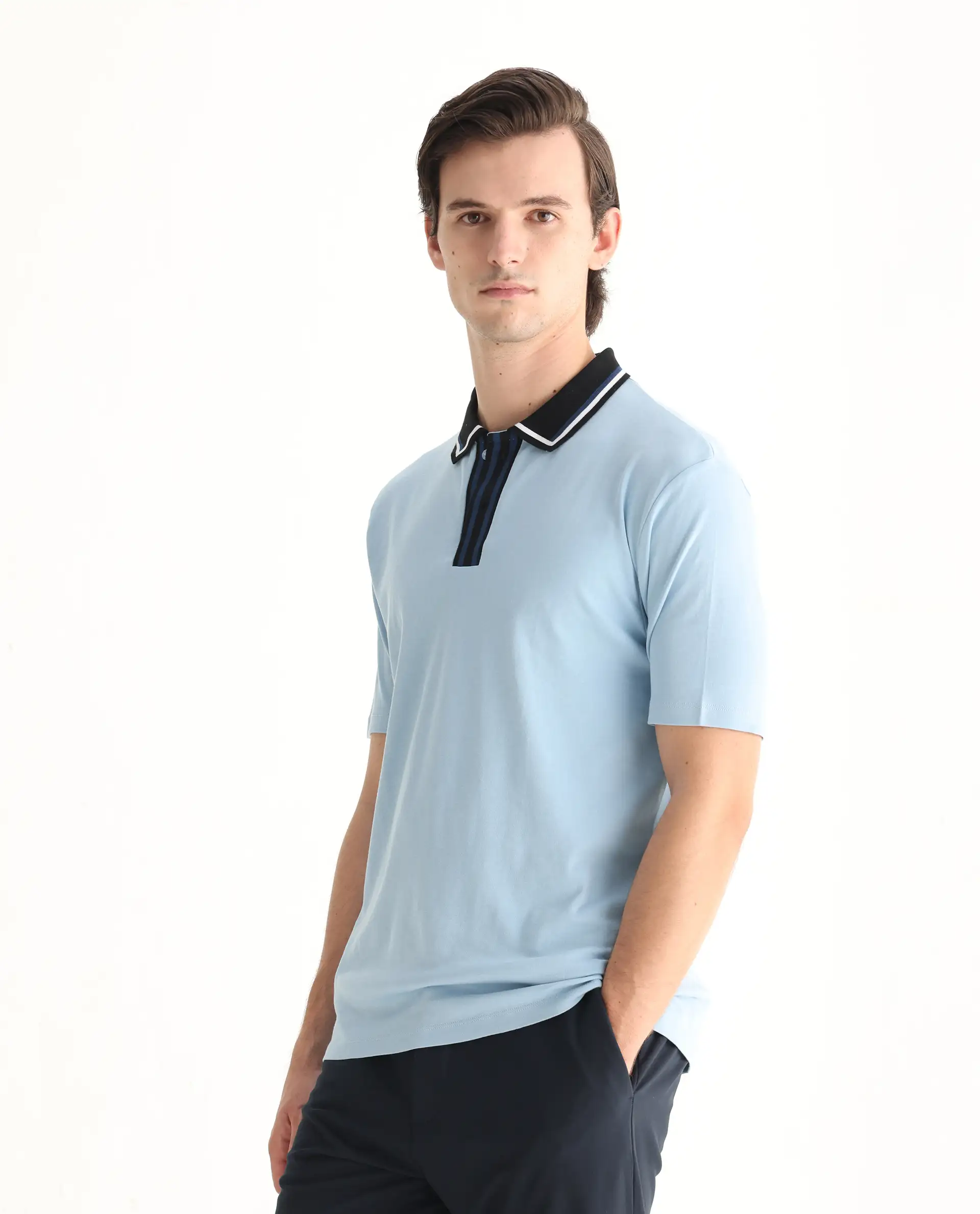 Rare Rabbit Men's Territ Light Blue Cotton Plain Regular Fit Half Sleeve Polo - Image 5