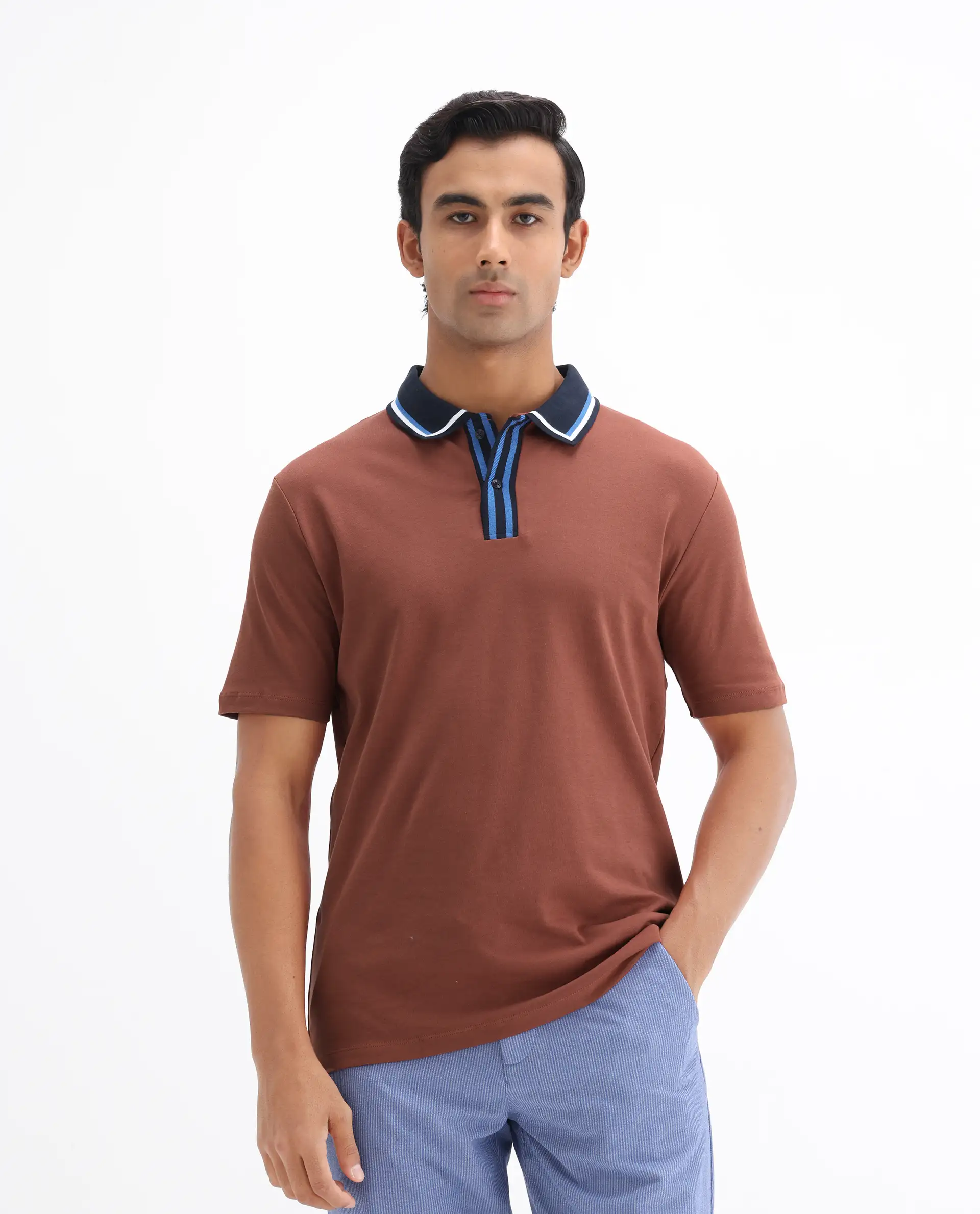 Rare Rabbit Men's Territ Light Rust Cotton Plain Regular Fit Half Sleeve Polo - Image 4