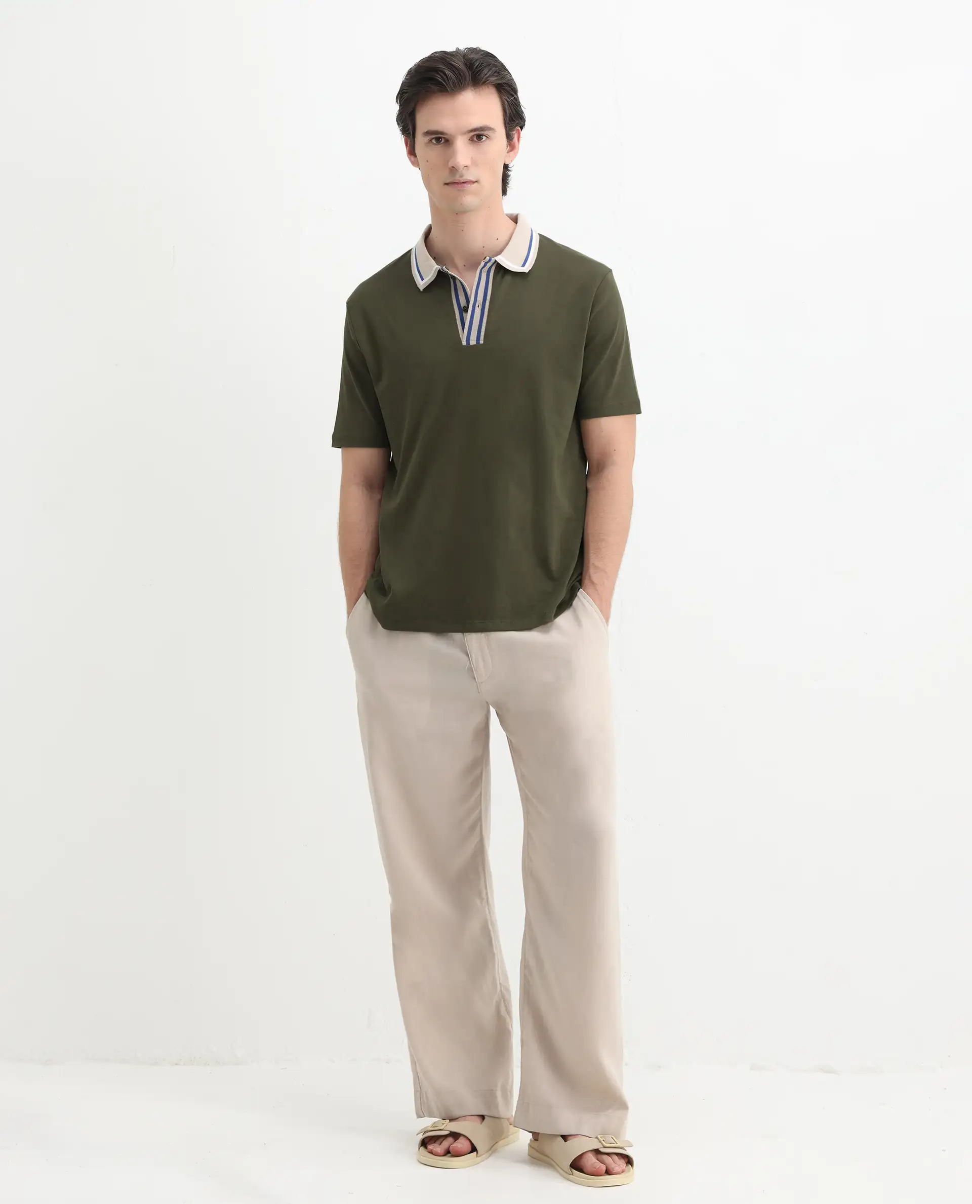 Rare Rabbit Men's Territ Olive Cotton Plain Regular Fit Half Sleeve Polo - Image 2