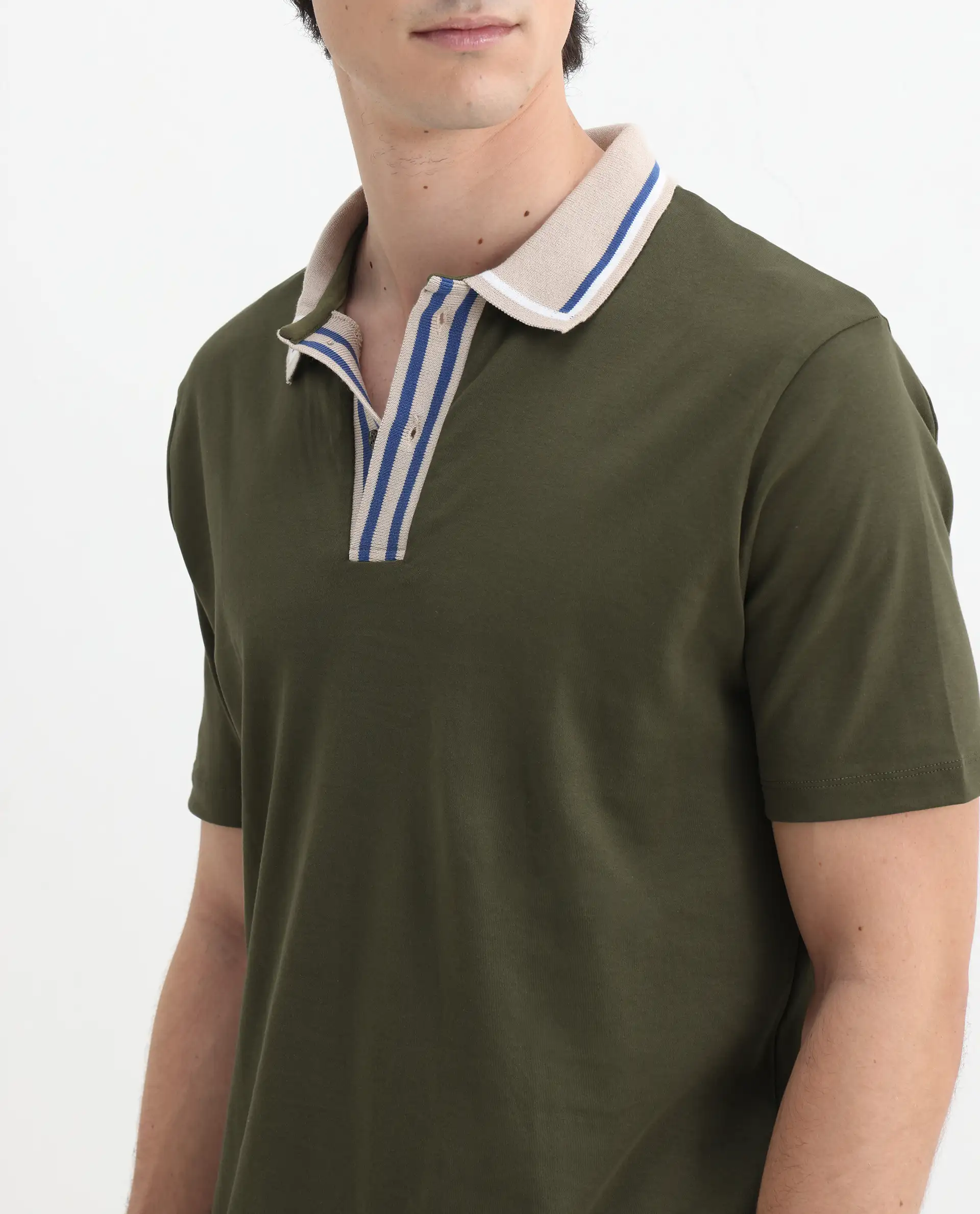 Rare Rabbit Men's Territ Olive Cotton Plain Regular Fit Half Sleeve Polo - Image 3