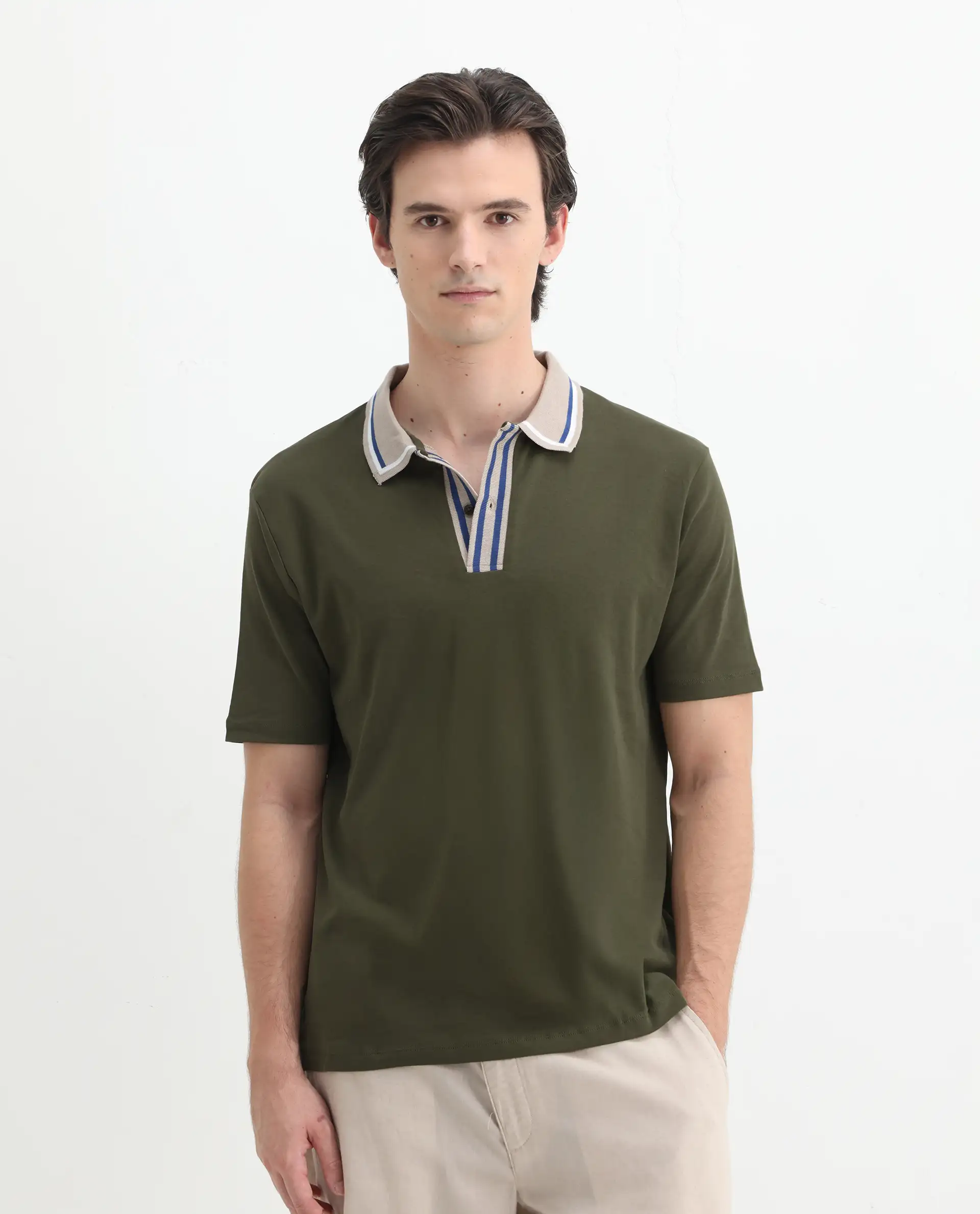 Rare Rabbit Men's Territ Olive Cotton Plain Regular Fit Half Sleeve Polo - Image 4