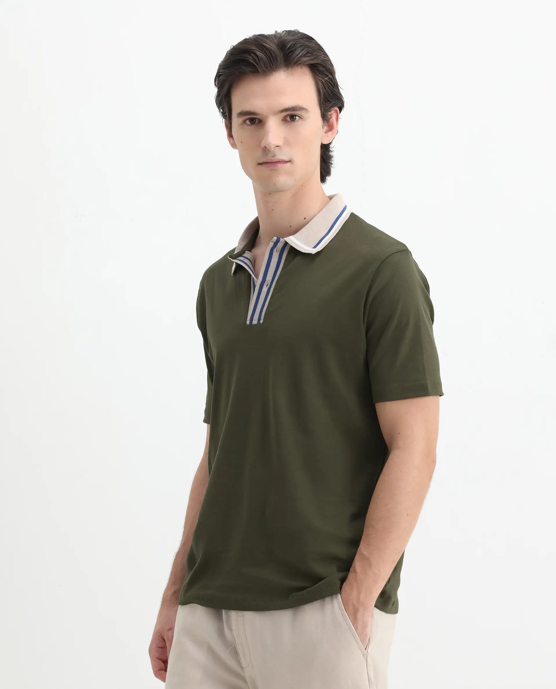 Rare Rabbit Men's Territ Olive Cotton Plain Regular Fit Half Sleeve Polo - Image 5