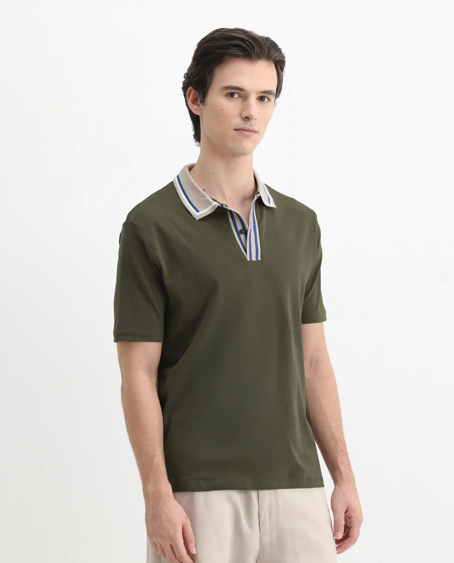Rare Rabbit Men's Territ Olive Cotton Plain Regular Fit Half Sleeve Polo - Image 6