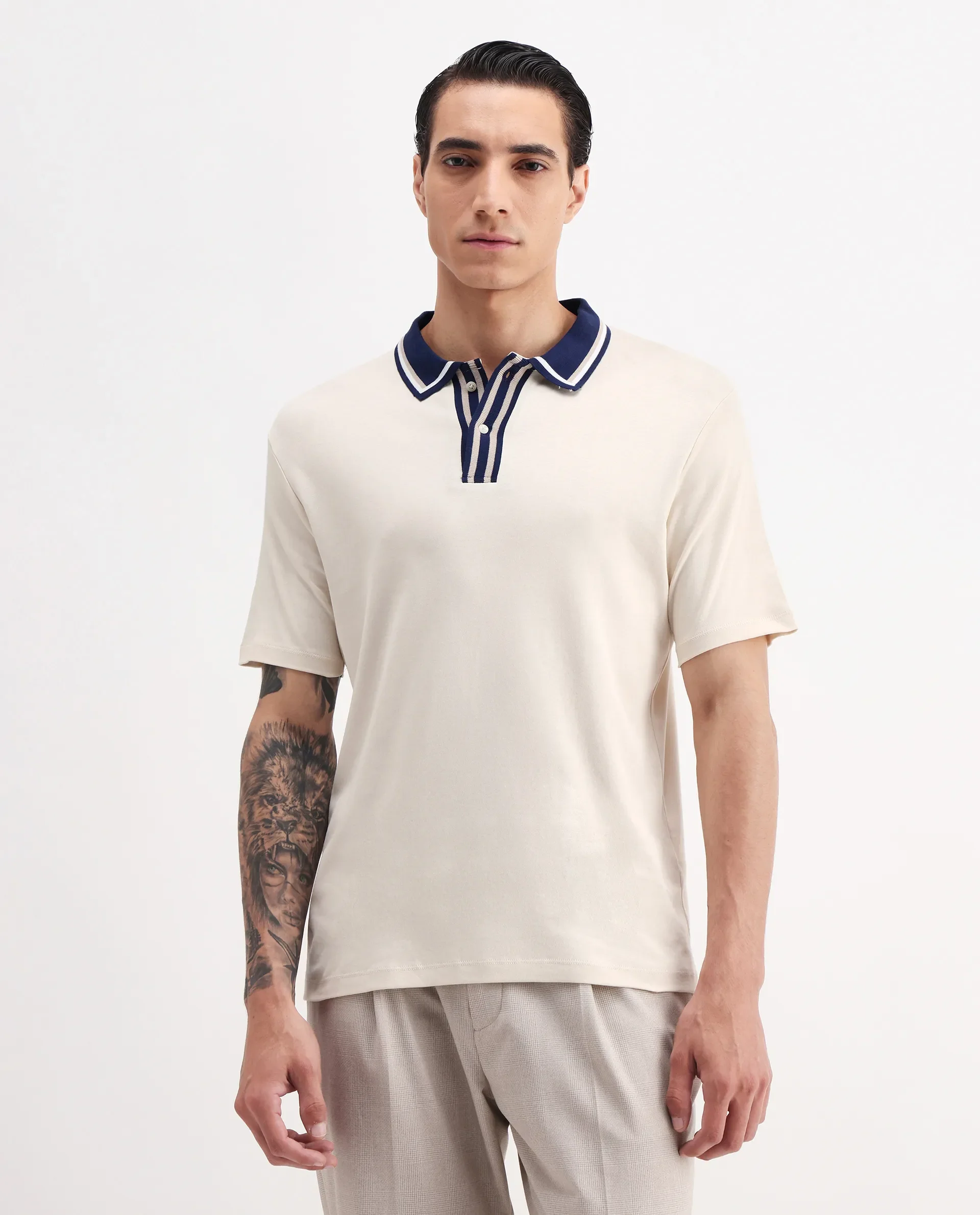 Rare Rabbit Men's Territ Pastel Yellow Cotton Plain Regular Fit Half Sleeve Polo - Image 4
