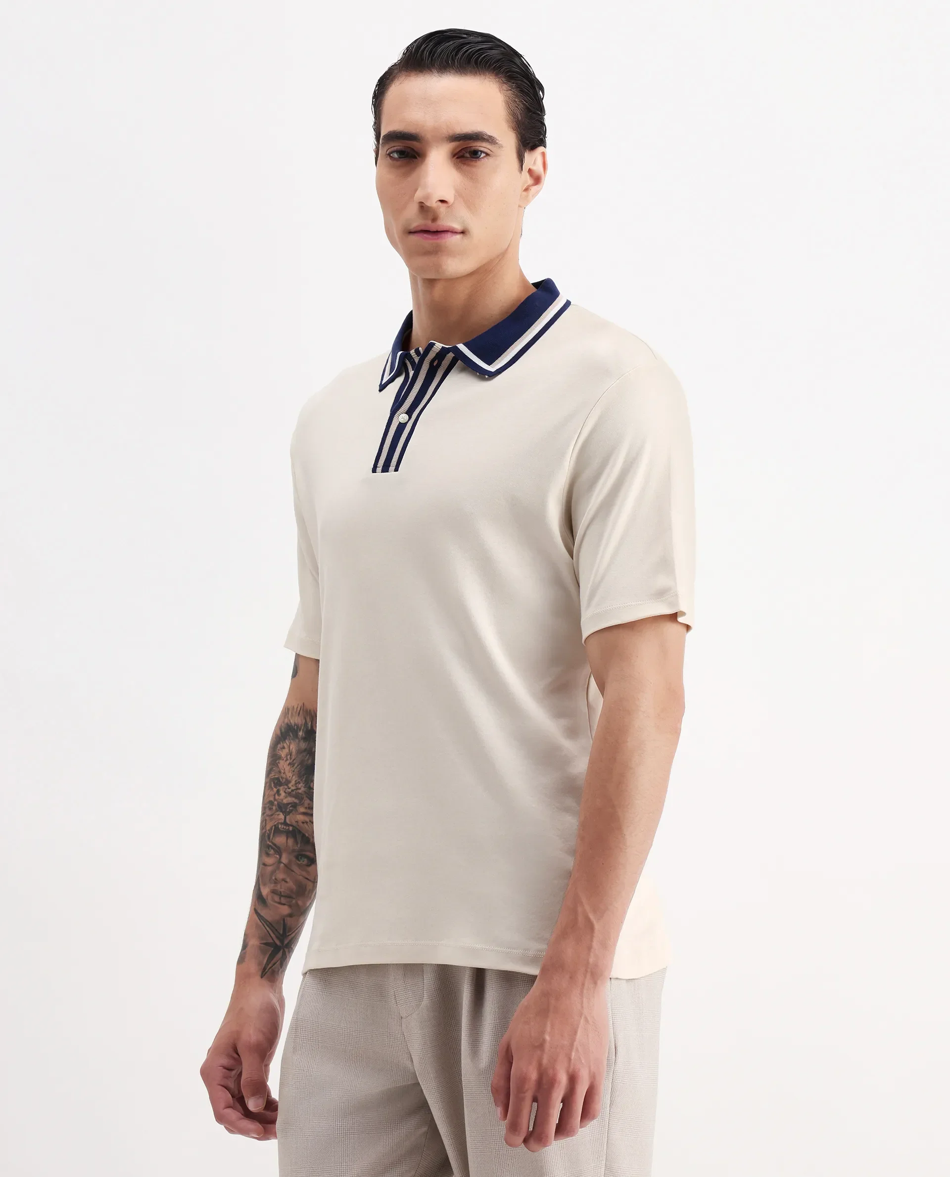 Rare Rabbit Men's Territ Pastel Yellow Cotton Plain Regular Fit Half Sleeve Polo - Image 5