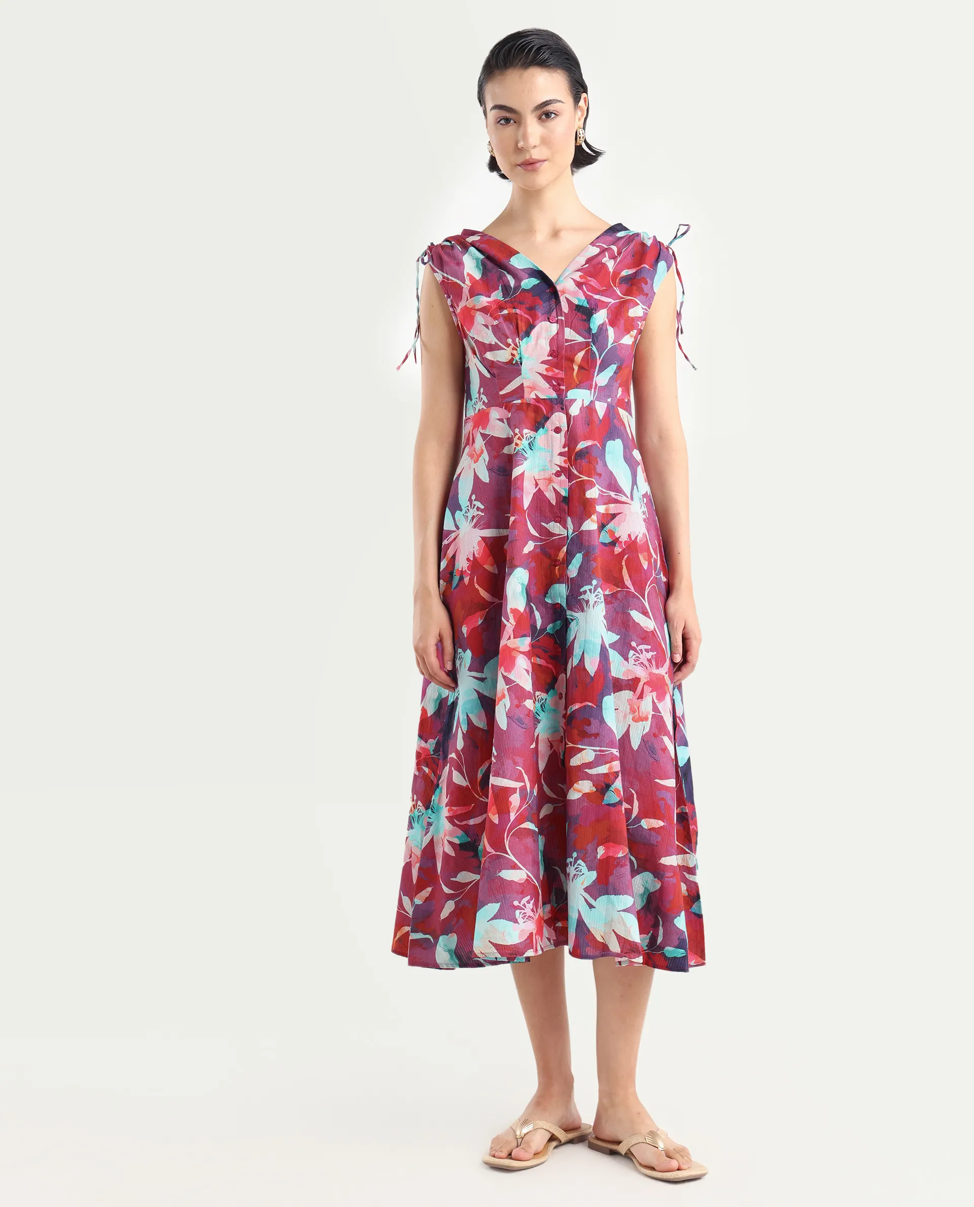 Rareism Women's Terumi Dark Multi Cotton Blend V-Neck Floral Print Sleeveless Midi Regular Fit Dress - Image 2