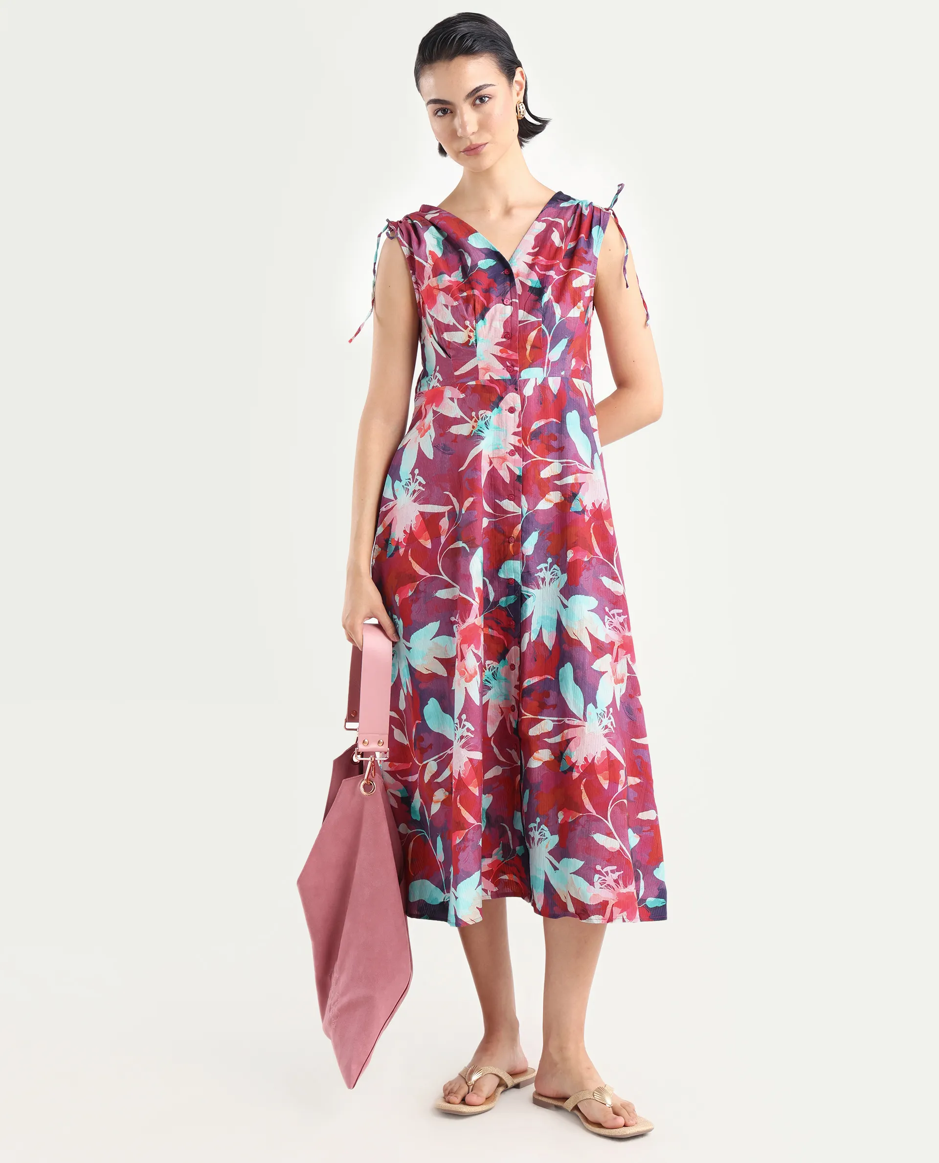 Rareism Women's Terumi Dark Multi Cotton Blend V-Neck Floral Print Sleeveless Midi Regular Fit Dress - Image 3