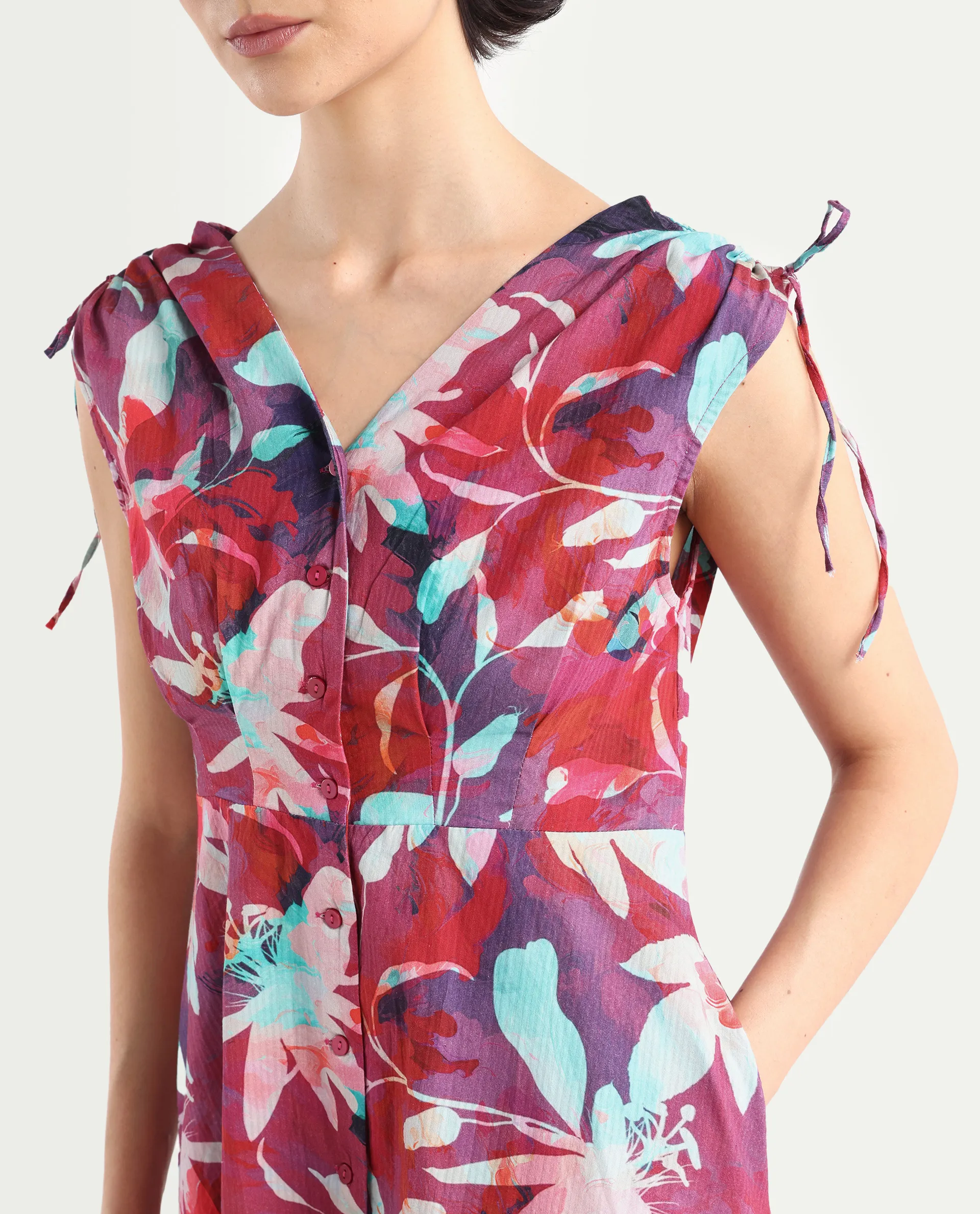 Rareism Women's Terumi Dark Multi Cotton Blend V-Neck Floral Print Sleeveless Midi Regular Fit Dress - Image 4
