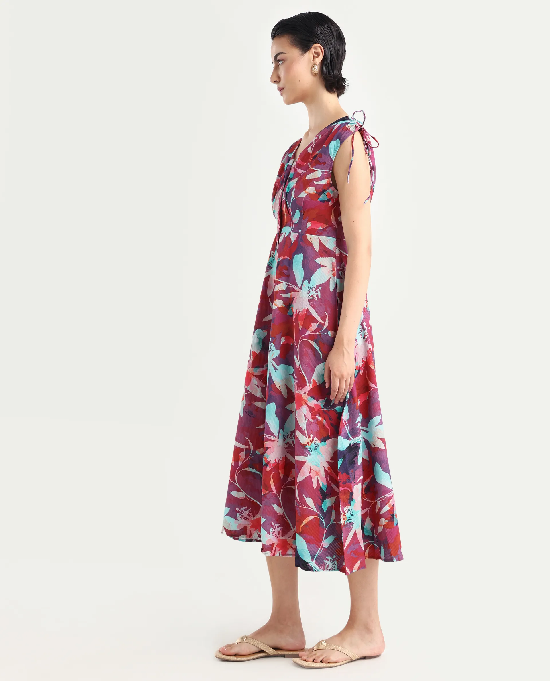 Rareism Women's Terumi Dark Multi Cotton Blend V-Neck Floral Print Sleeveless Midi Regular Fit Dress - Image 5