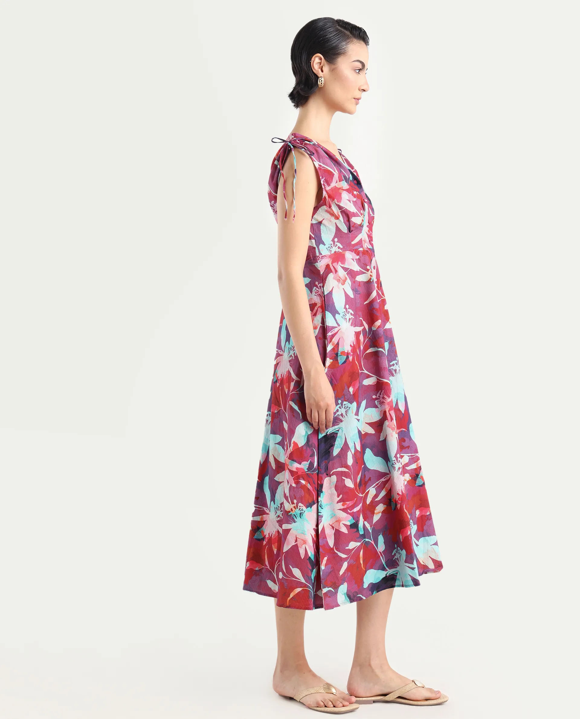 Rareism Women's Terumi Dark Multi Cotton Blend V-Neck Floral Print Sleeveless Midi Regular Fit Dress - Image 6