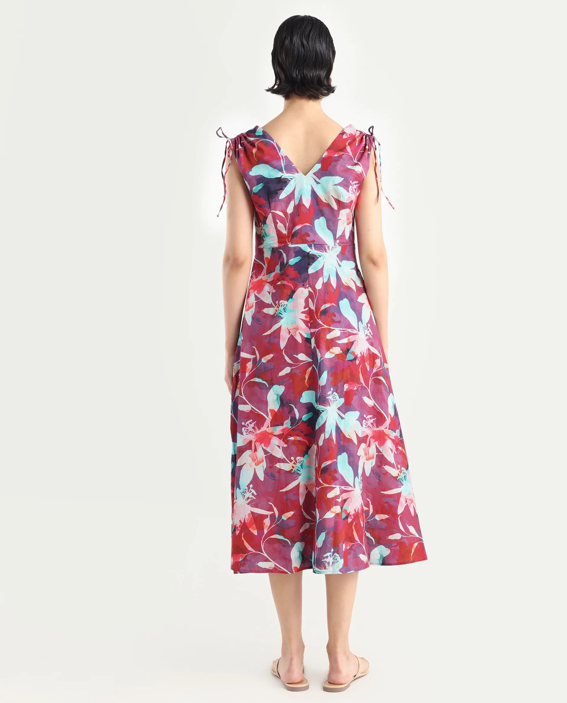 Rareism Women's Terumi Dark Multi Cotton Blend V-Neck Floral Print Sleeveless Midi Regular Fit Dress - Image 7