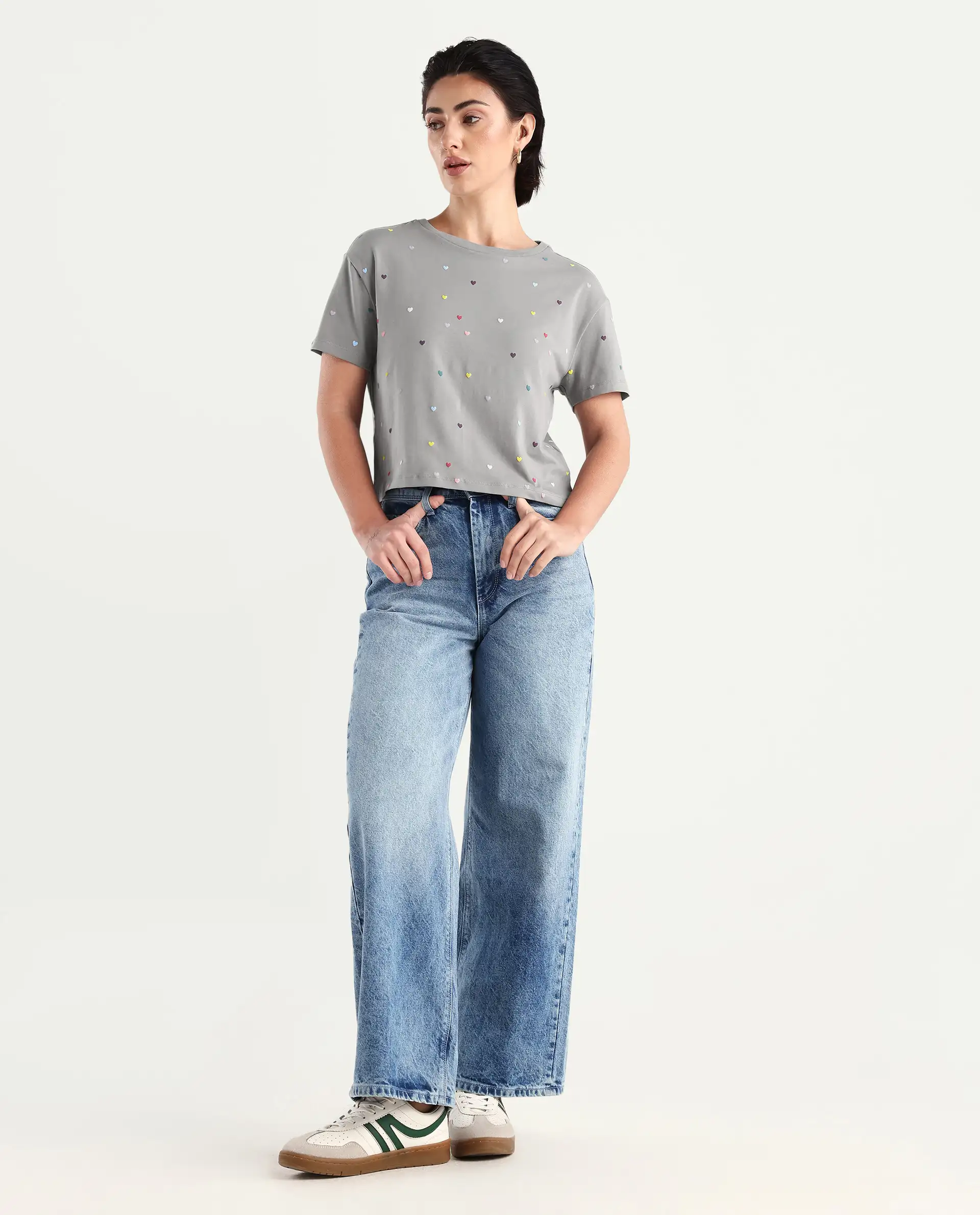 Rareism Women's Tesav Dark Grey Cotton Blend Crew Neck Object Print Crop Relaxed Fit T-Shirt - Image 2