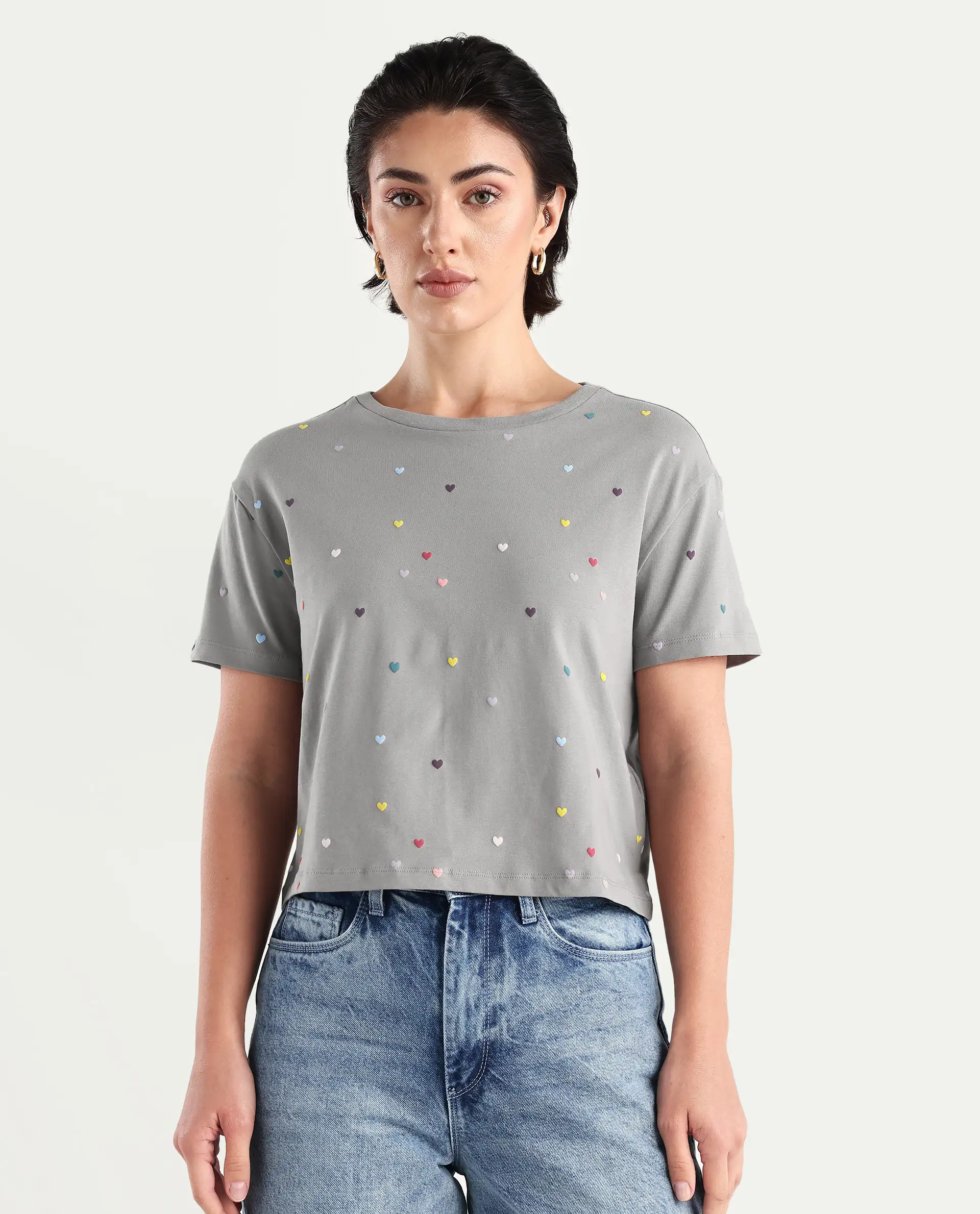 Rareism Women's Tesav Dark Grey Cotton Blend Crew Neck Object Print Crop Relaxed Fit T-Shirt - Image 4