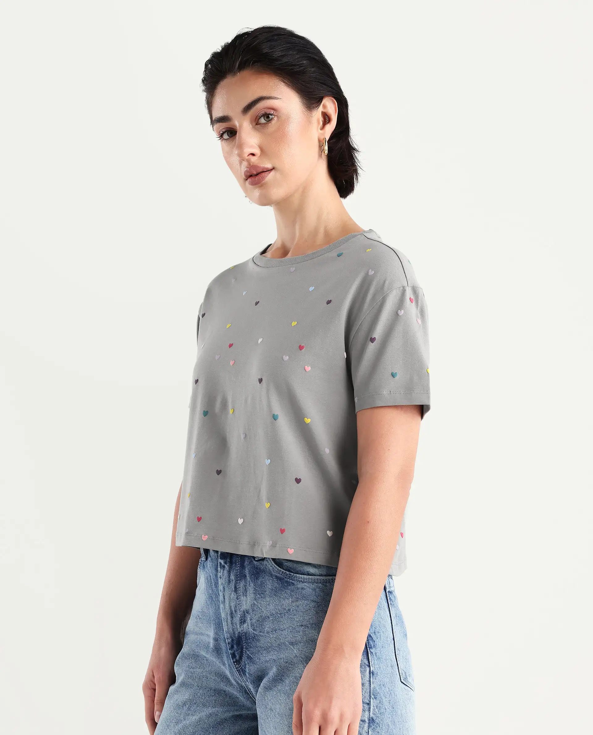 Rareism Women's Tesav Dark Grey Cotton Blend Crew Neck Object Print Crop Relaxed Fit T-Shirt - Image 5